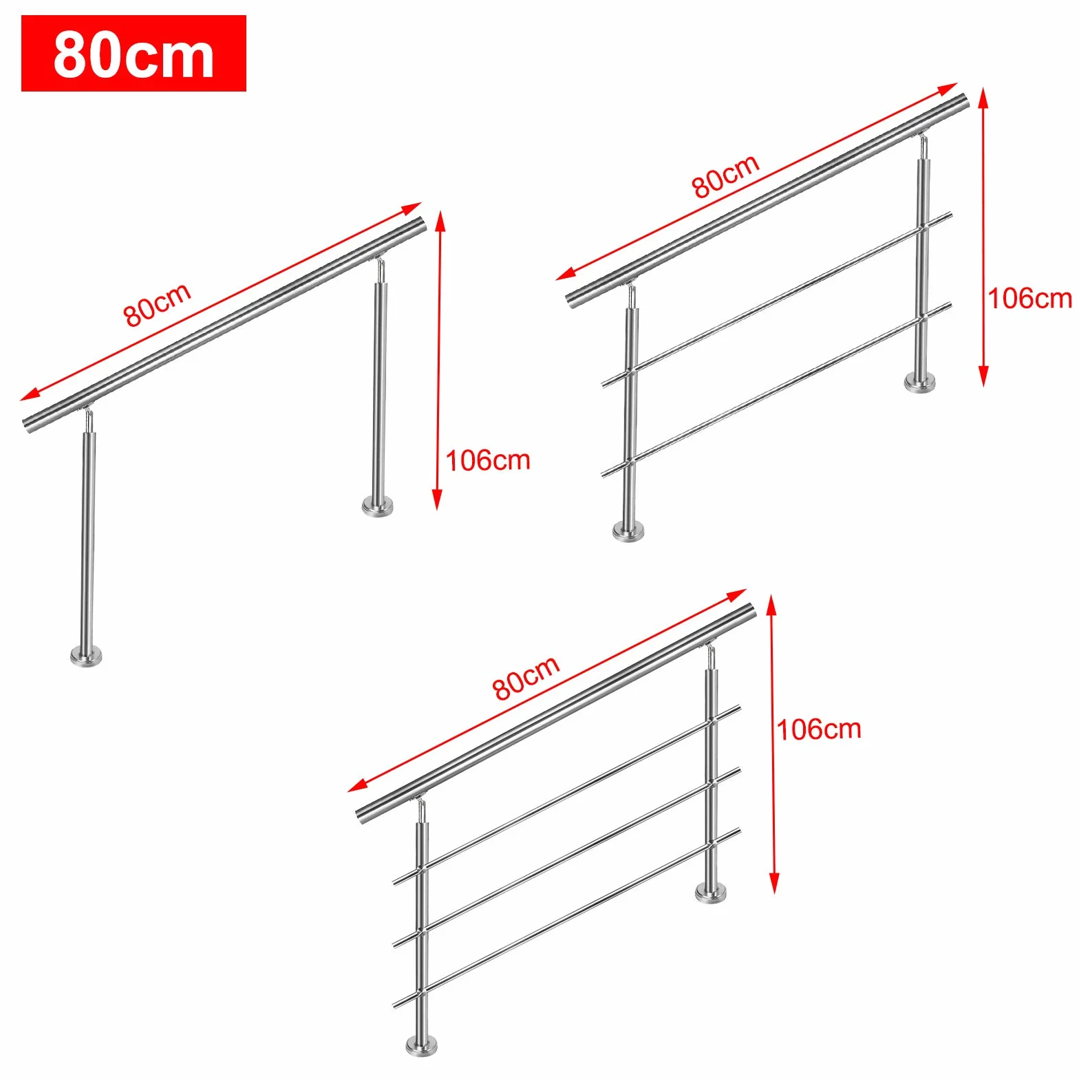 Aufun Poręcz ze stali nierdzewnej, 80 cm, poręcz schodowa do wewnątrz i na zewnątrz, z 2 słupkami, do schodów, balustrady, na balkon (80 cm, 2 poprzeczki)