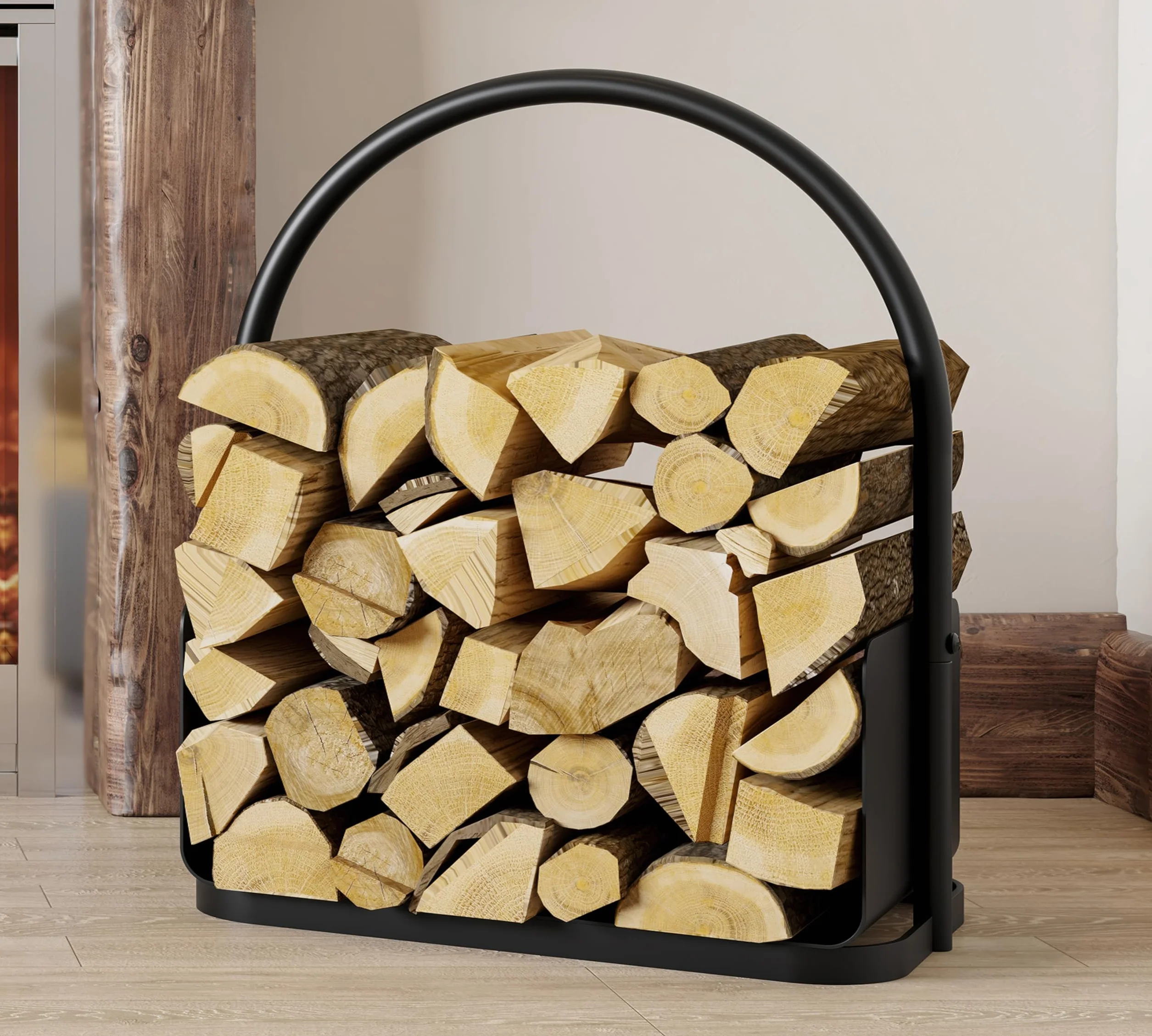 Kingson Kosz na drewno opałowe – Czarny stalowy nośnik polan z powłoką proszkową z uchwytem i podwyższoną krawędzią – 42x28x42cm – Stojak do przechowywania drewna kominkowego do wnętrz i na zewnątrz