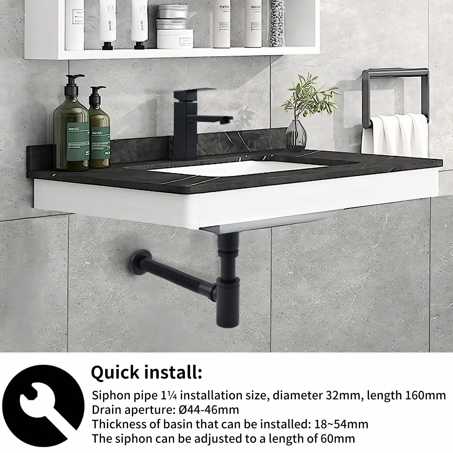 HOMELODY Designerski syfon z zaworem pop-up, zestaw odpływowy do umywalki, czarny matowy, uniwersalny syfon z mosiądzu, korek do umywalki