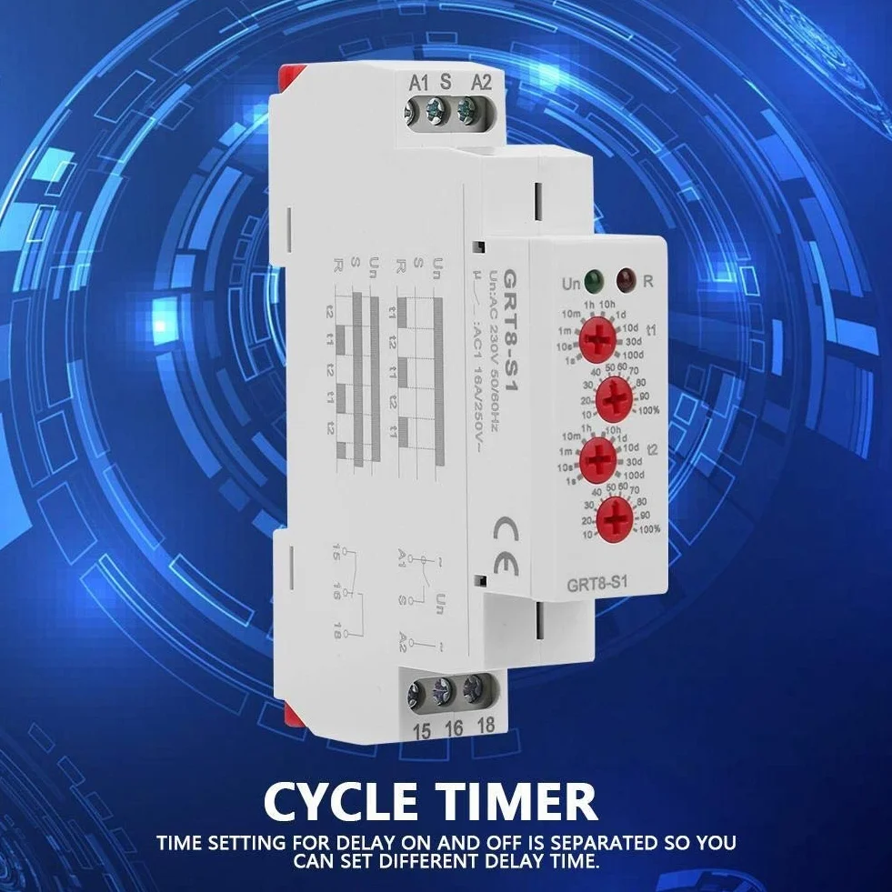 DEWIN Cykl Asymetryczny timer, przekaźnik cyklu GRT8-S1 mini asymetryczny cykl timer/off powtarzający się czas cyklu AC 230V