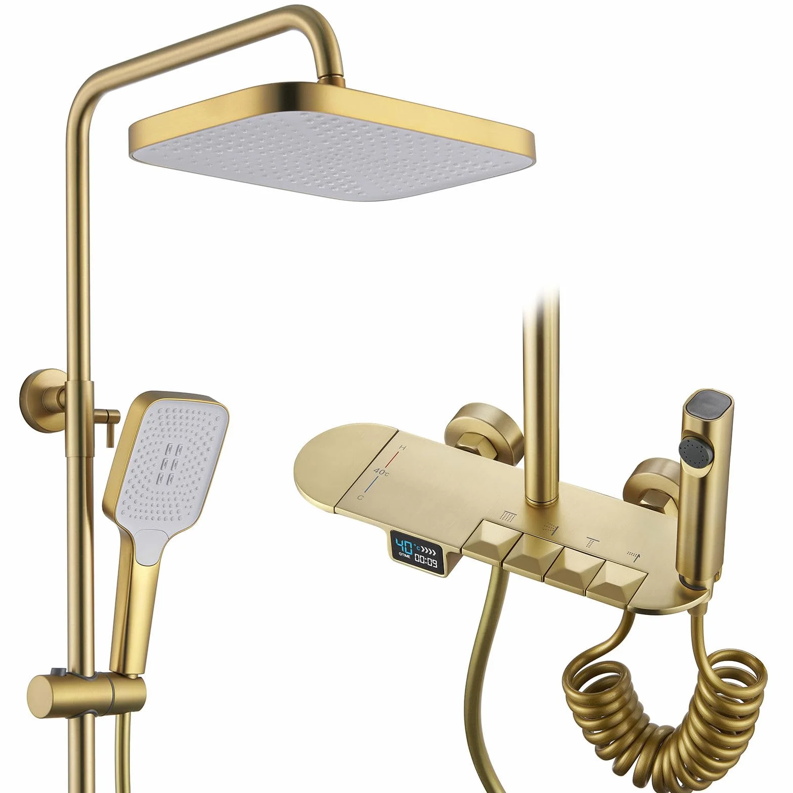 BEITH Termostatyczny system prysznicowy, kwadratowy zestaw prysznicowy 30 x 20 cm, cyfrowy wyświetlacz LED, zestaw baterii prysznicowych z kluczem fortepianowym, ręczny, bateria wannowa, pistolet