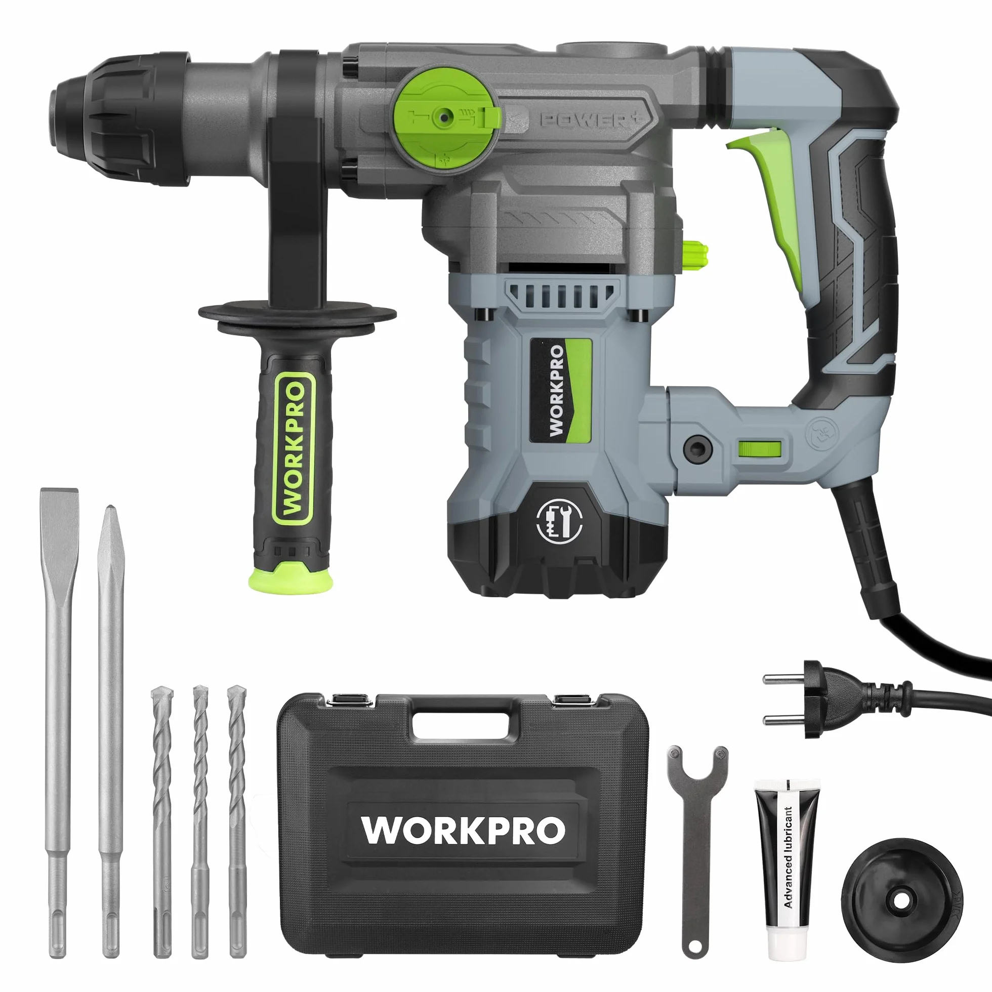 WORKPRO Młot elektryczny do dużych obciążeń 1500 W, wiertarka udarowa do betonu 5,5 dżula, 4 tryby pracy, regulowana prędkość, uchwyt 360°, z akcesoriami, dłutem i walizką