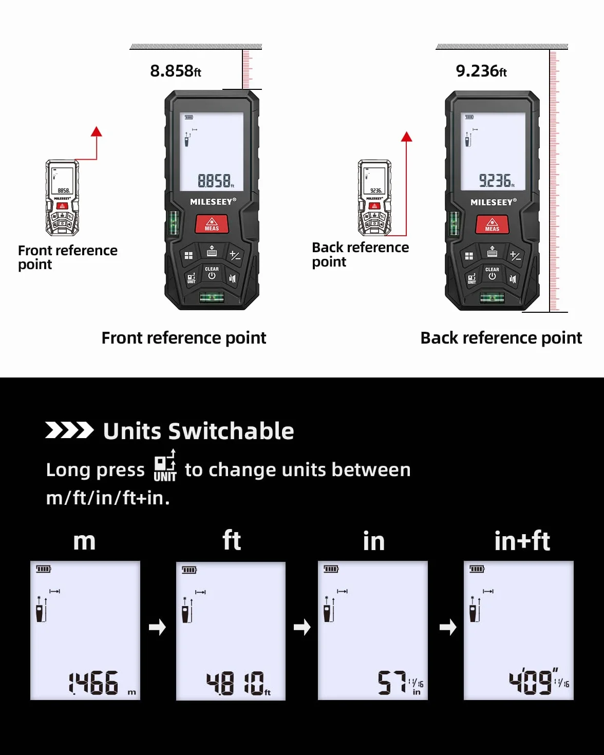 Dalmierz laserowy, MiLESEEY 100m Laser Meter z 2 poziomami pęcherzyków, dokładność±2mm, podświetlany ekran LCD i tryb Pitagoras, mierzy odległość, powierzchnię i objętość (D5T-100M)
