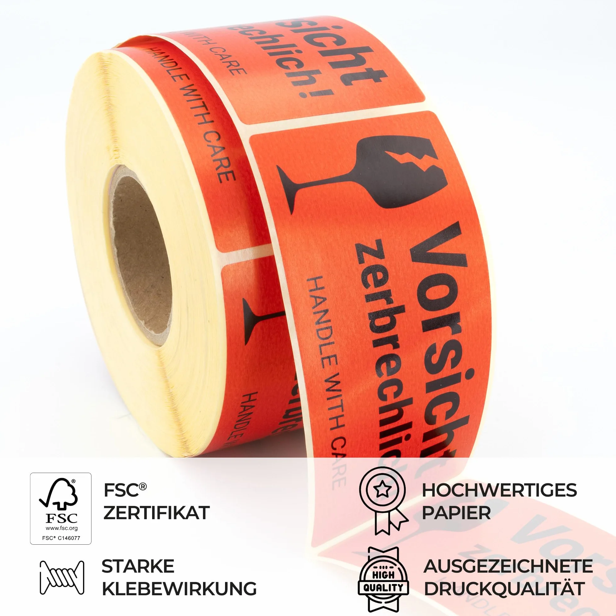 Etykiety ostrzegawcze na rolce 100 x 50 mm – 500 – uwaga k! Handle with care – Fragile Attention naklejka na wysyłkę – niebezpieczeństwo pęknięcia – neon jasnoczerwony – naklejki na paczkę