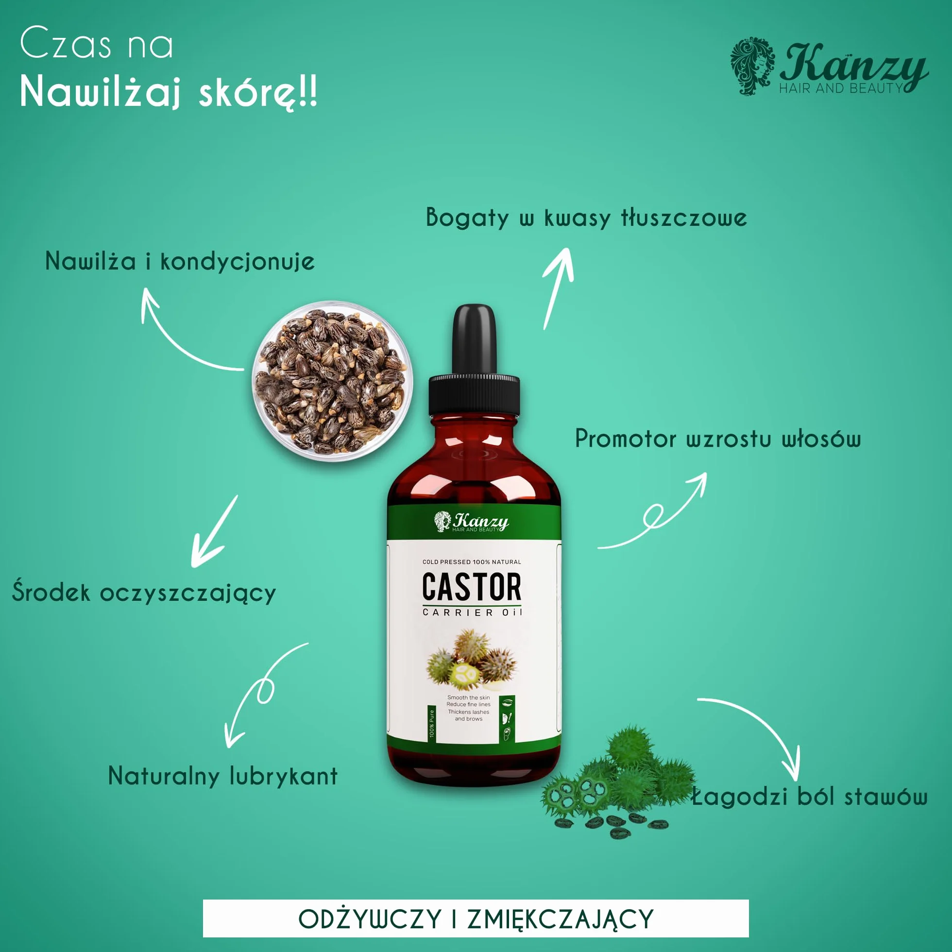 Kanzy Castor Oil do Rzęs i Brwi 100ml Czysty Organiczny Olej Rycynowy na Porost Włosów Broda, Paznokcie Ciało i Twarz Naturalny Olej Rycynowy Tłoczony na Zimno z Aplikatorami Castor oil