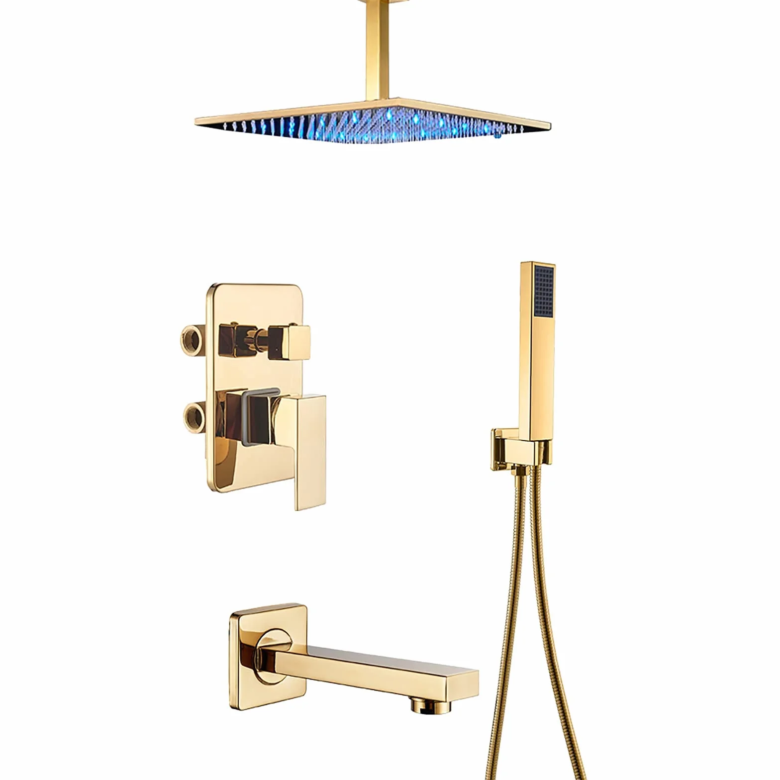 System prysznicowy LED z wylewką wannową, deszczownicą kwadratową i ręcznym zestawem prysznicowym, montaż sufitowy, zestaw baterii prysznicowej Golden (12 cali)