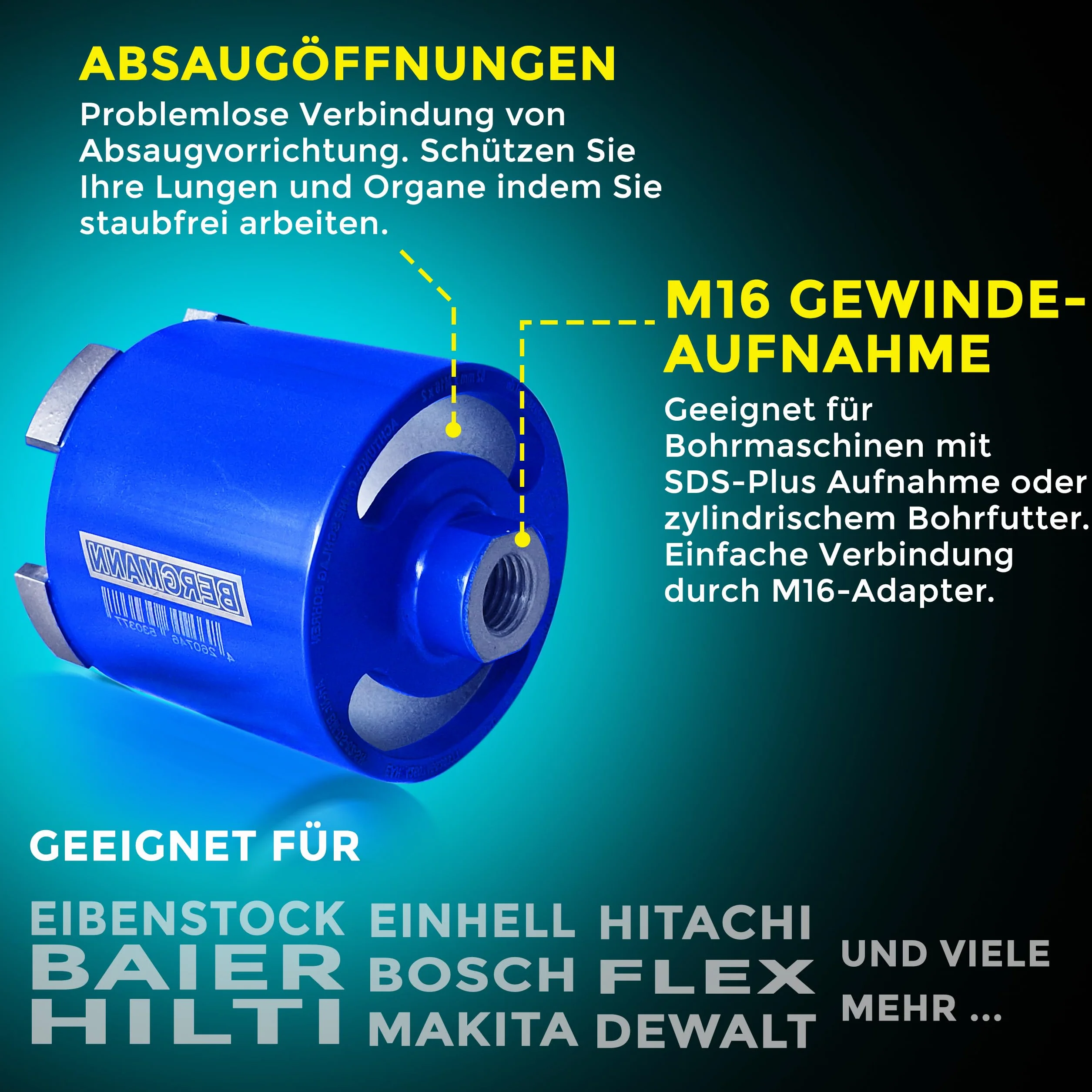 BERGMANN ® Diamentowy pogłębiacz do puszek 82 mm z adapterem SDS-Plus | M16 otwornica z 5 segmentami z otworami ssącymi | do wiertarki, muru, betonu i wielu innych