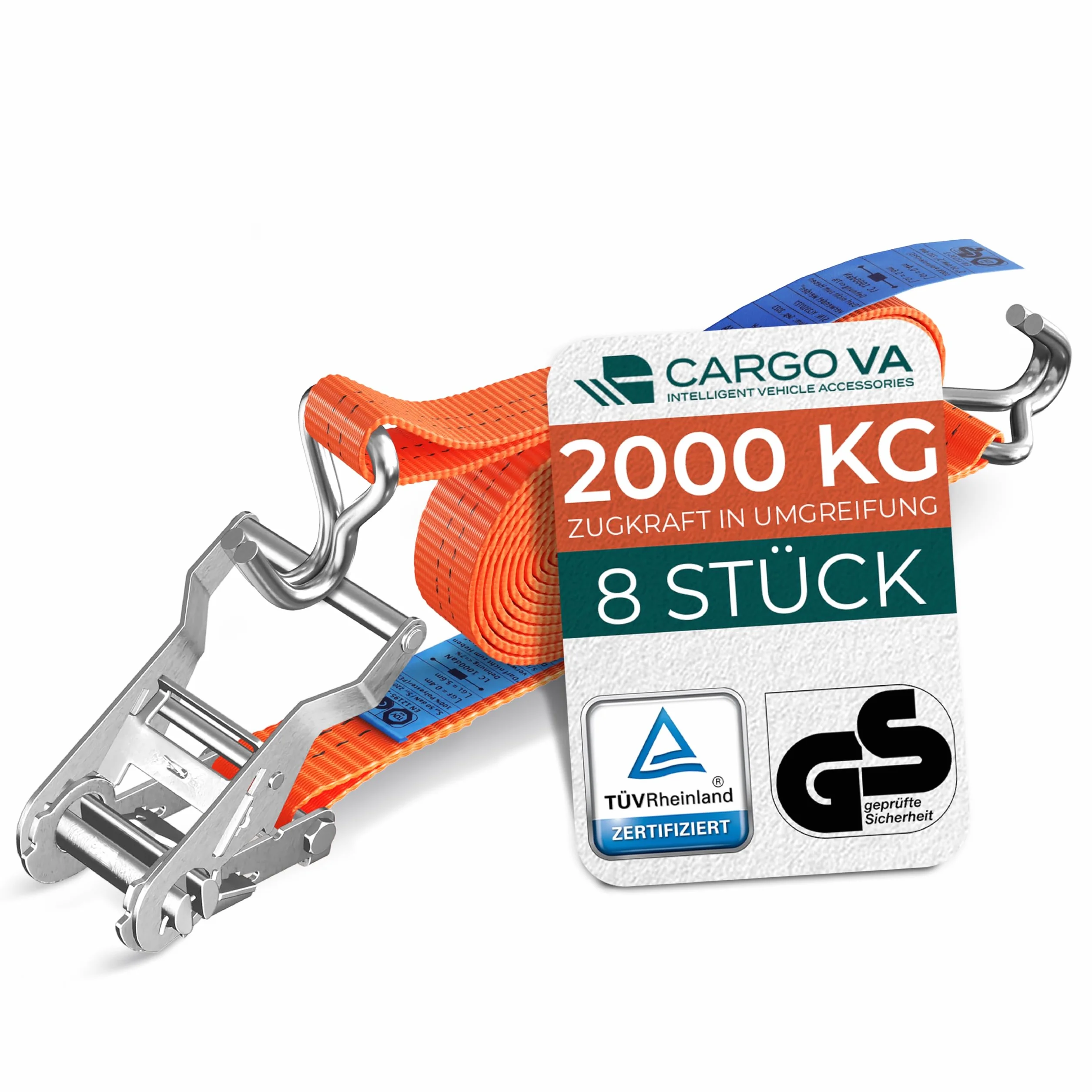 Pasy mocujące do dużych obciążeń z grzechotką, 2000 kg, 4 m, 35 mm, TÜV/GS (DIN EN 12195-2) – pasy mocujące z hakami w profesjonalnej jakości [zestaw 8 sztuk]