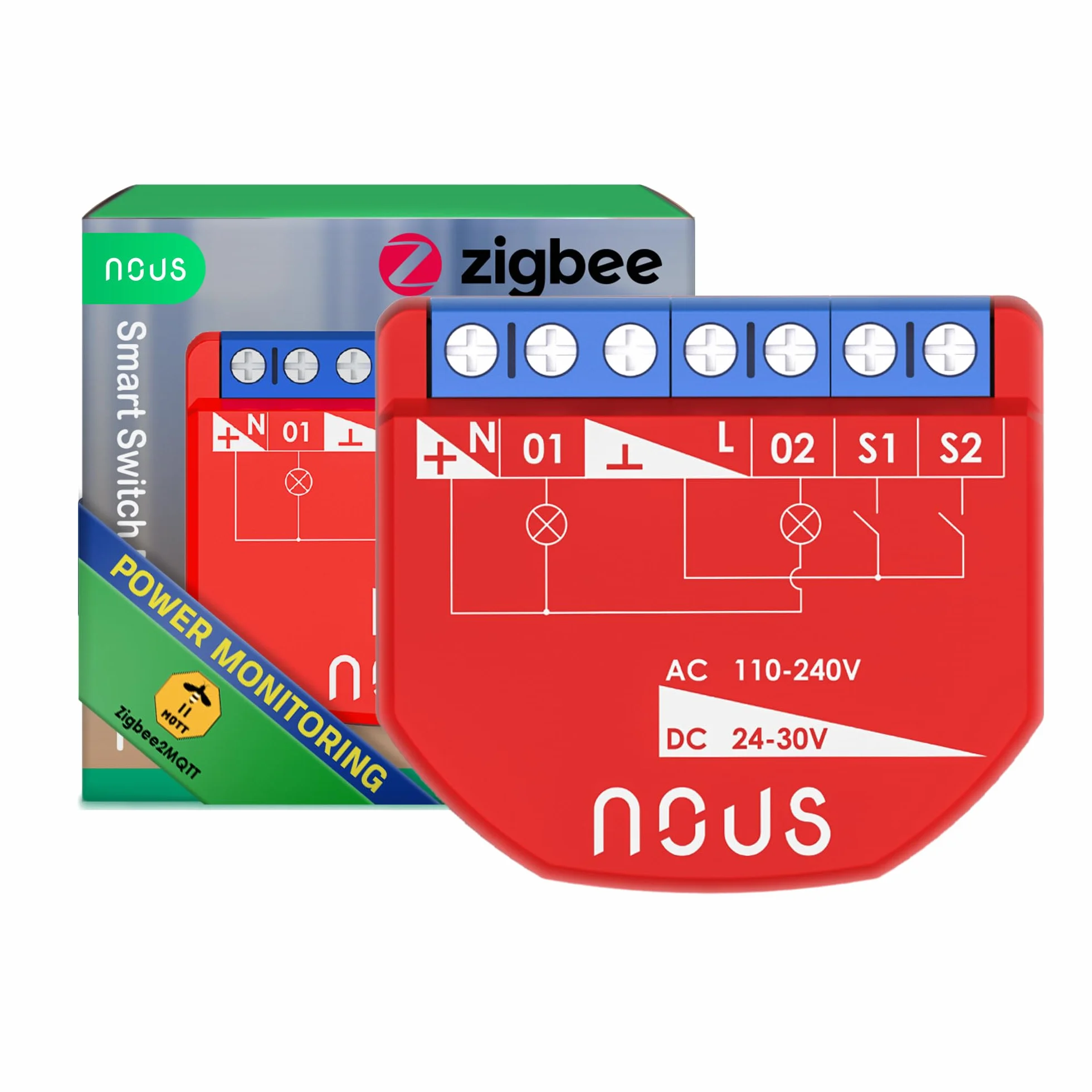 NOUS ZigBee Smart Switch moduły z pomiarem mocy, 2 kanały, AC 16 A/DC 10 A, suche styki, wymagany koncentrator 3.0, kompatybilny z Alexa, Zigbee2MQTT, Google Assistant, Home Assistant, Tuya