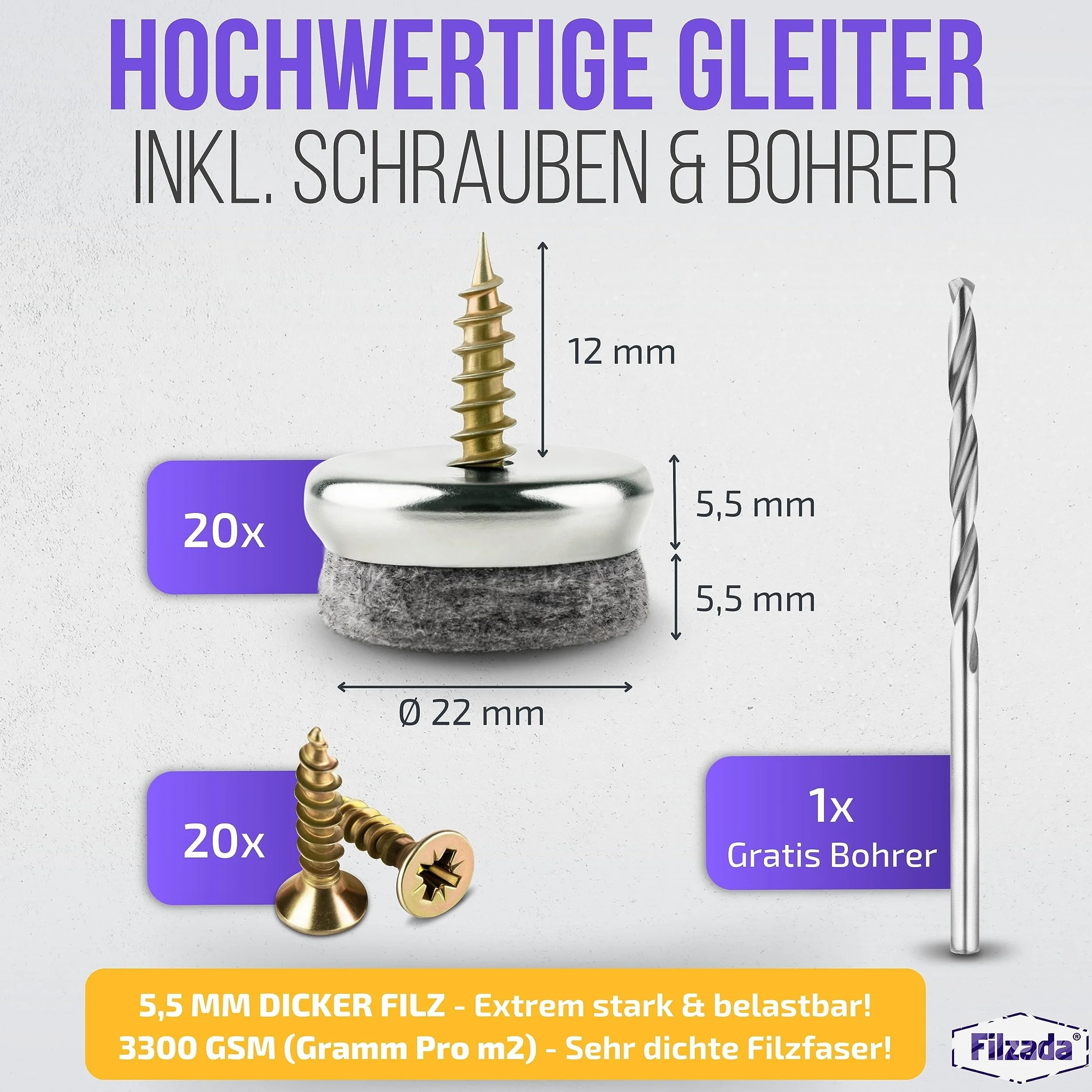 Filzada® 20x wkręty do ślizgaczy filcowych - Ø 22 mm - profesjonalny ślizgacz do krzeseł/ochraniacz nóg krzeseł filcowy z wkrętem - wiertło w zestawie
