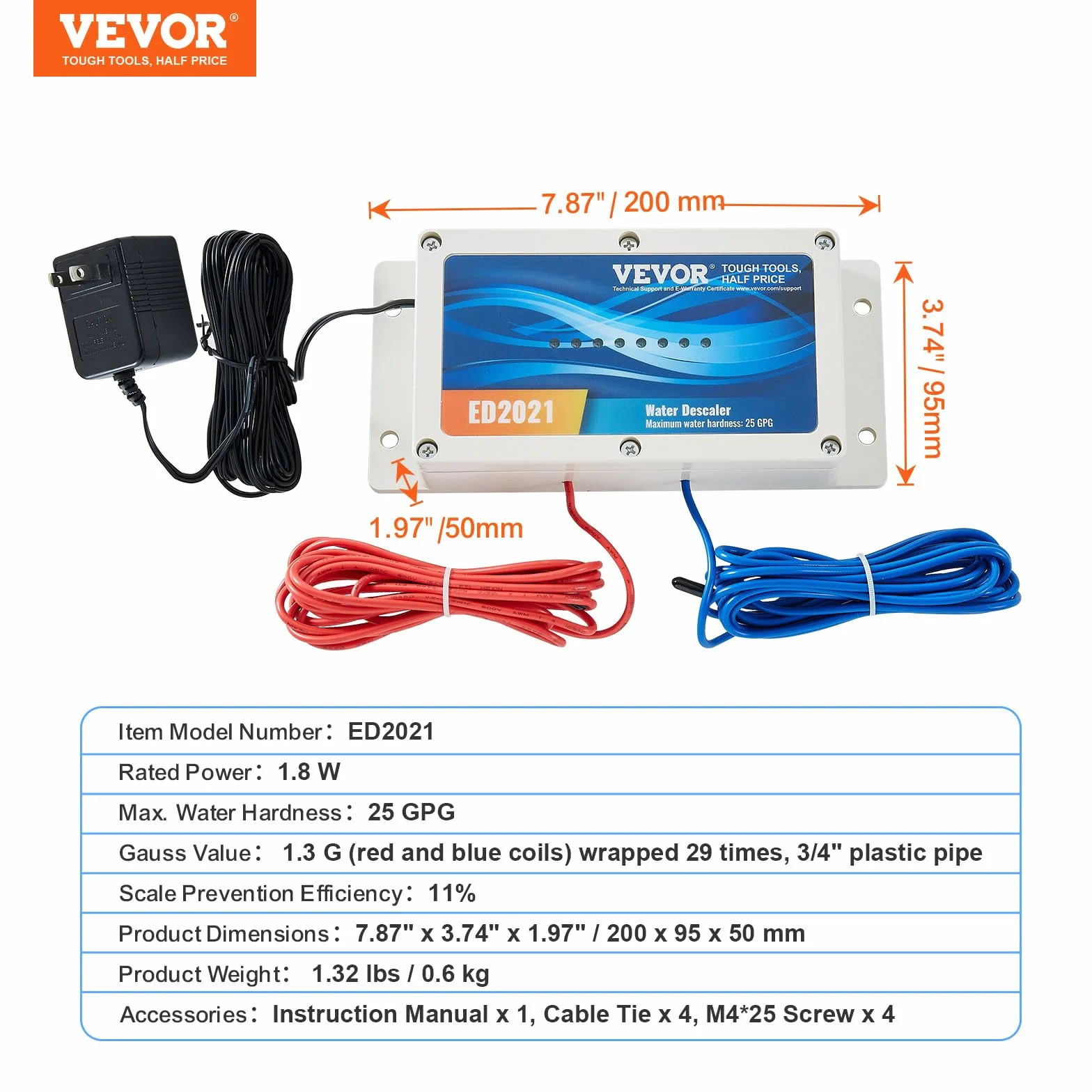 VEVOR Elektroniczny system odkamieniania wody, odkamieniacz bez soli, zmiękczacz twardej wody w celu zmniejszenia gromadzenia się kamienia do domowych rur hydraulicznych, maszyna do zmiękczania wody