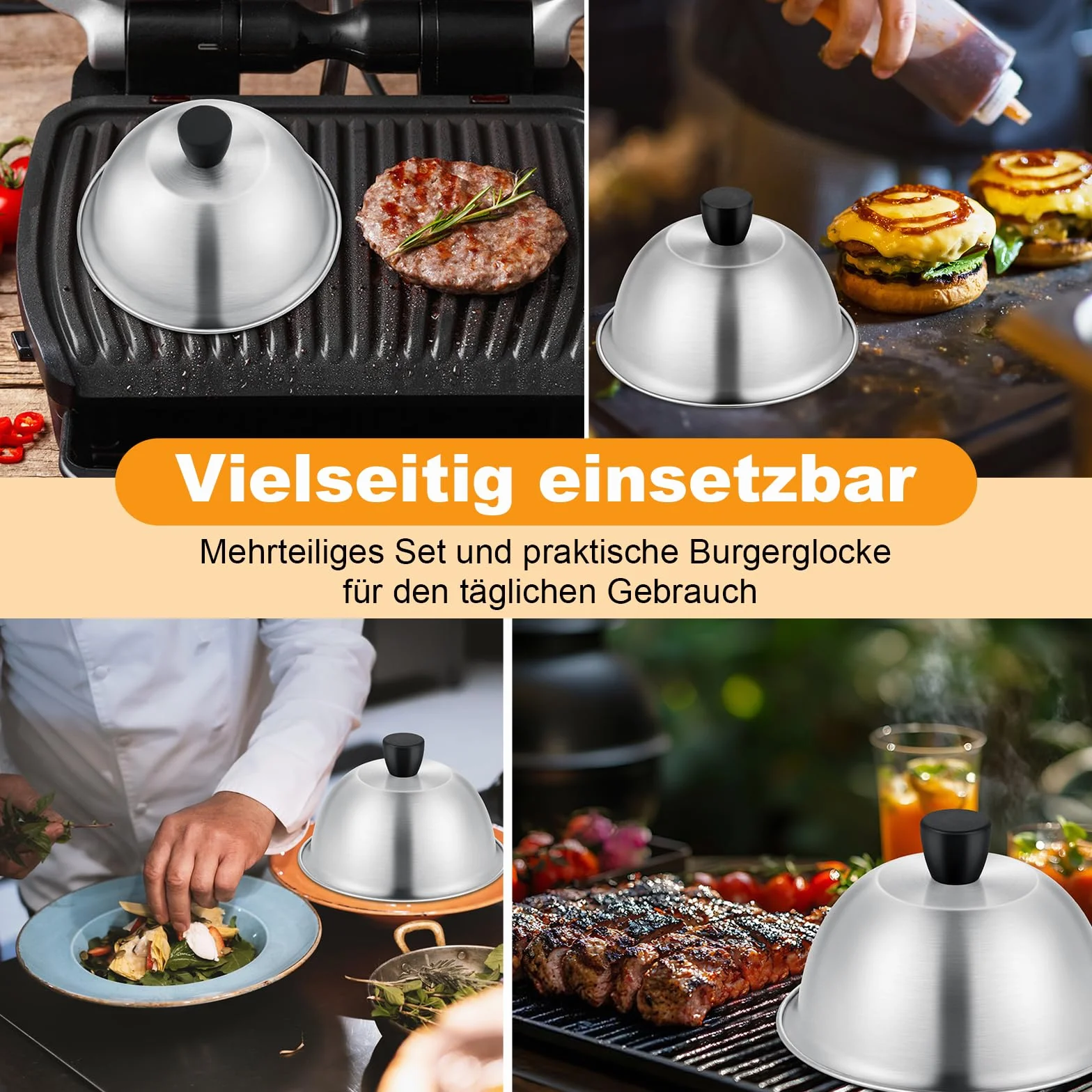 TEAMFAR Dzwonek do burgerów, 4 sztuki ze stali nierdzewnej, dzwonek do grilla z okładziną z silikonu odpornego na ciepło, małe dzwonki do burgerów do grilla teppanyaki i kuchni, do użytku wewnętrznego