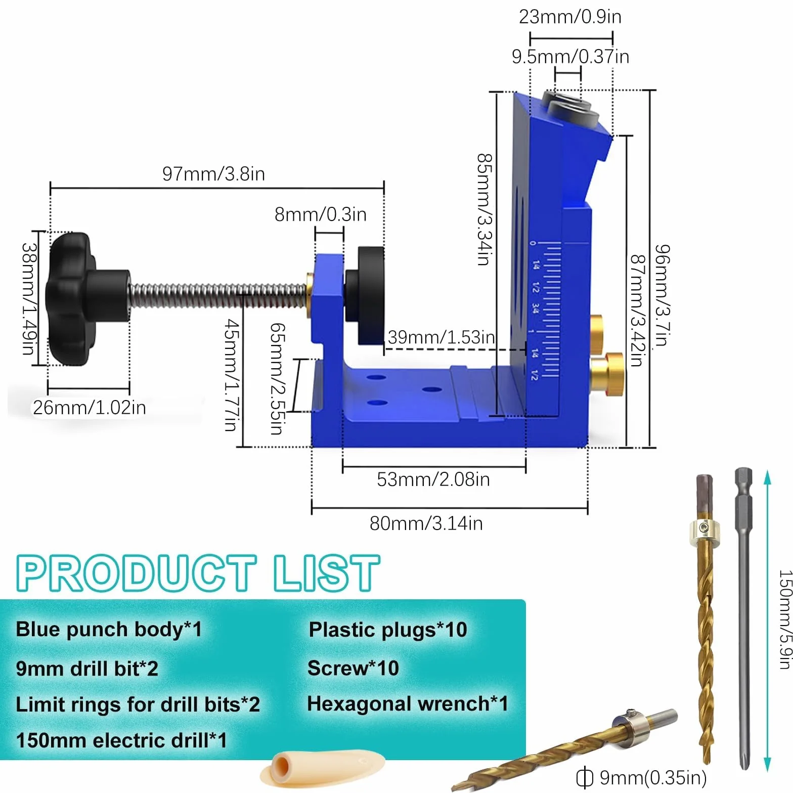 Regulowany szablon do wiercenia otworów kieszonkowych z drewnianymi kołkami, niebieski szablon do wiercenia otworów skośnych do budowy mebli, zestaw Pocket Hole Jig, pomoc do kołkowania, szablon