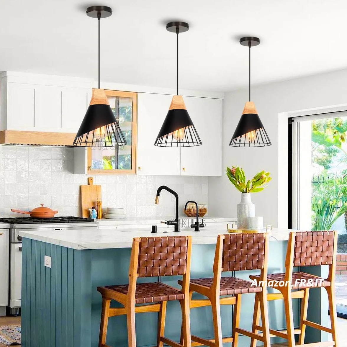 Lampa wisząca Nowoczesny przemysłowy drewniany żyrandol abażur Vintage Metal Kształt Klatka Ø25cm Lampa sufitowa E27 Projekt do kuchni, sypialni salonu (czarny -2 szt.)