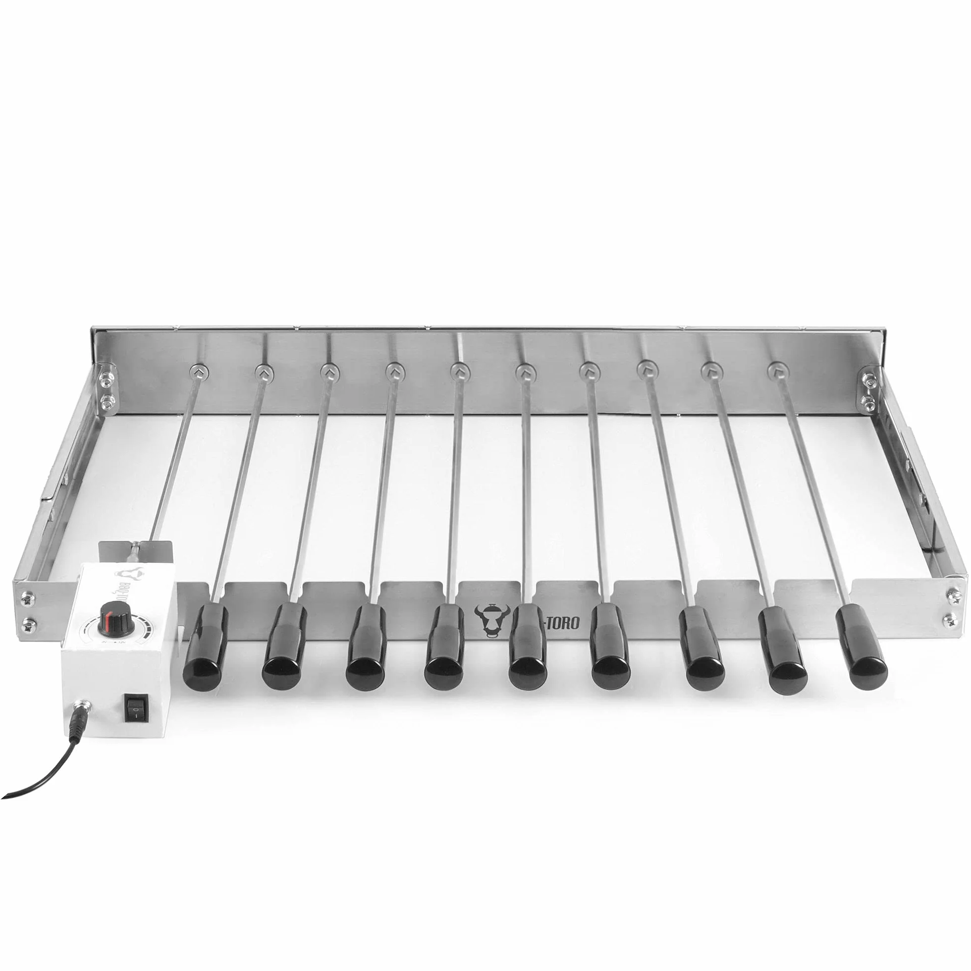 BBQ-Toro zestaw do szaszłyków, stal nierdzewna, 10 szpikulców i silnik, regulowany rozmiar (szer.) 58 x (głęb.) 26-40 cm, z wtyczką i kablem USB, Mangal, do szaszłyków