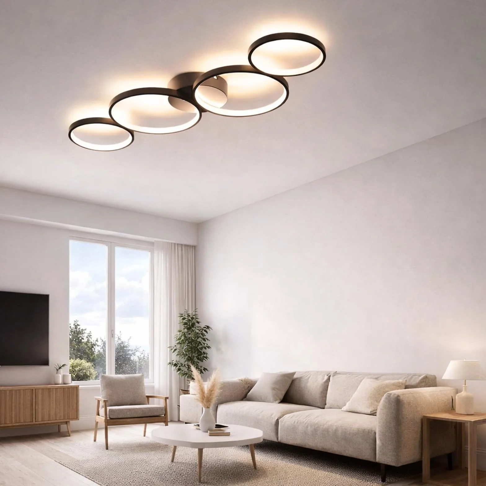 GBLY Lampa sufitowa LED nowoczesna 4 płomienie w optyce pierścieniowej | 3000k biała ciepła lampa sufitowa okrągła 37W wewnętrzna czarna lampa do salonu wykonana - salon przedpokój biuro gabinet