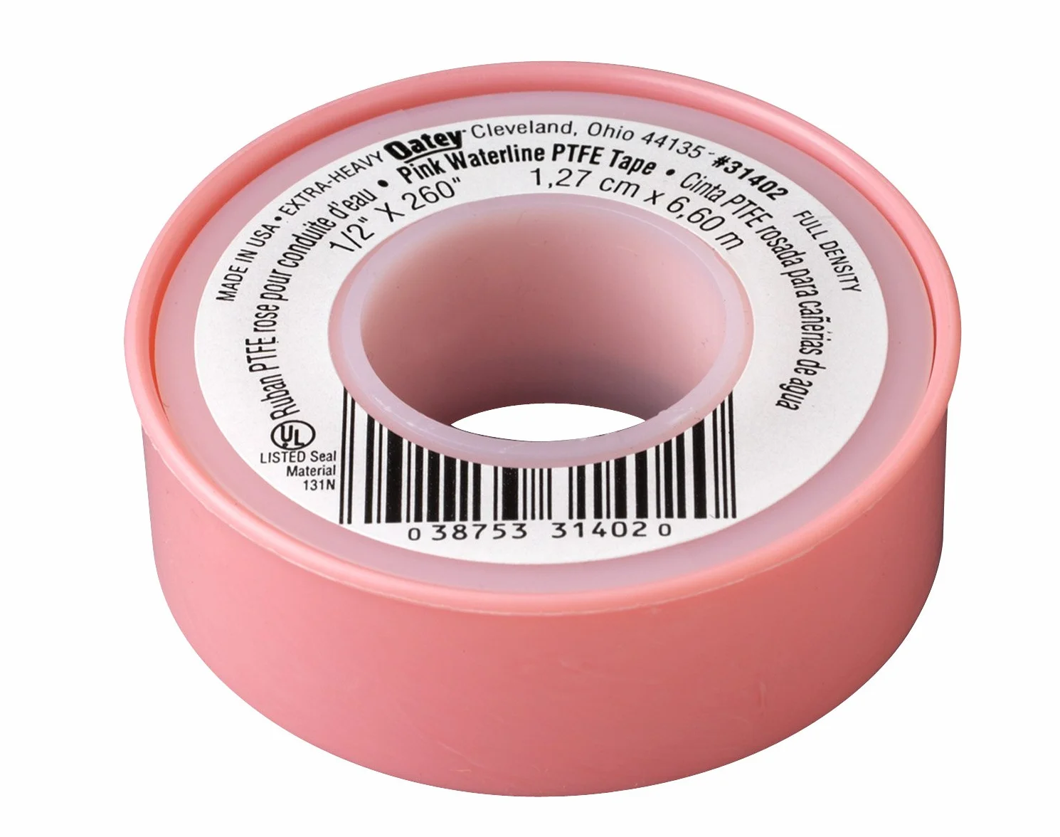 Oatey 31402D taśma uszczelniająca z gwintem wodnym, 60 cali dł. x 1/2 cala, szer. 0,003 cala, spód PTFE, różowy, -450 do 500 stopni F, 1/2 cala x 260 cali