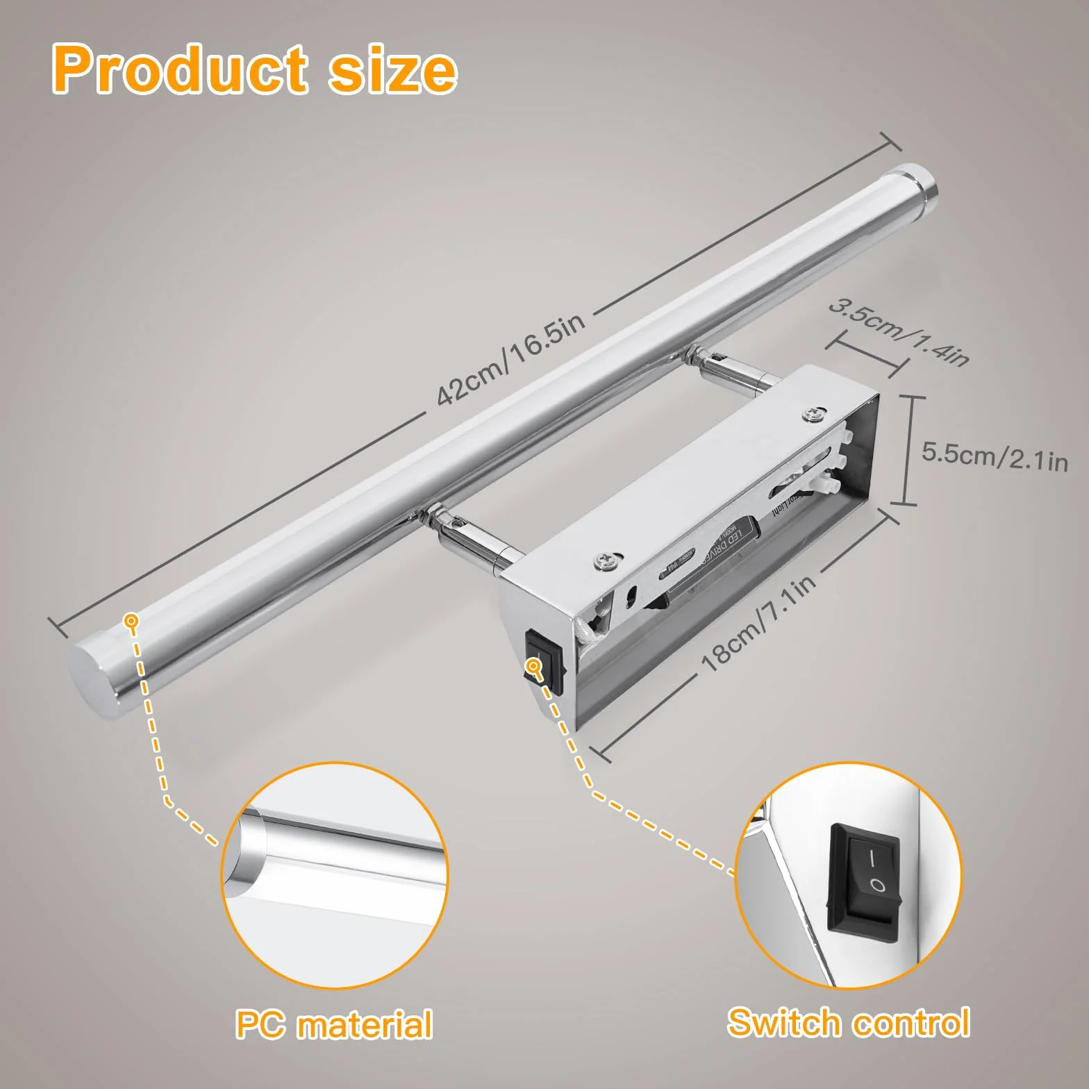 Lampa LED nad lustro łazienkowe, 42 cm, 9 W, z włącznikiem, IP44, oświetlenie ścienne, neutralna biel, 4000 K, 730 lm, do łazienki, lustro łazienkowe, lampa ze stali nierdzewnej, lustro