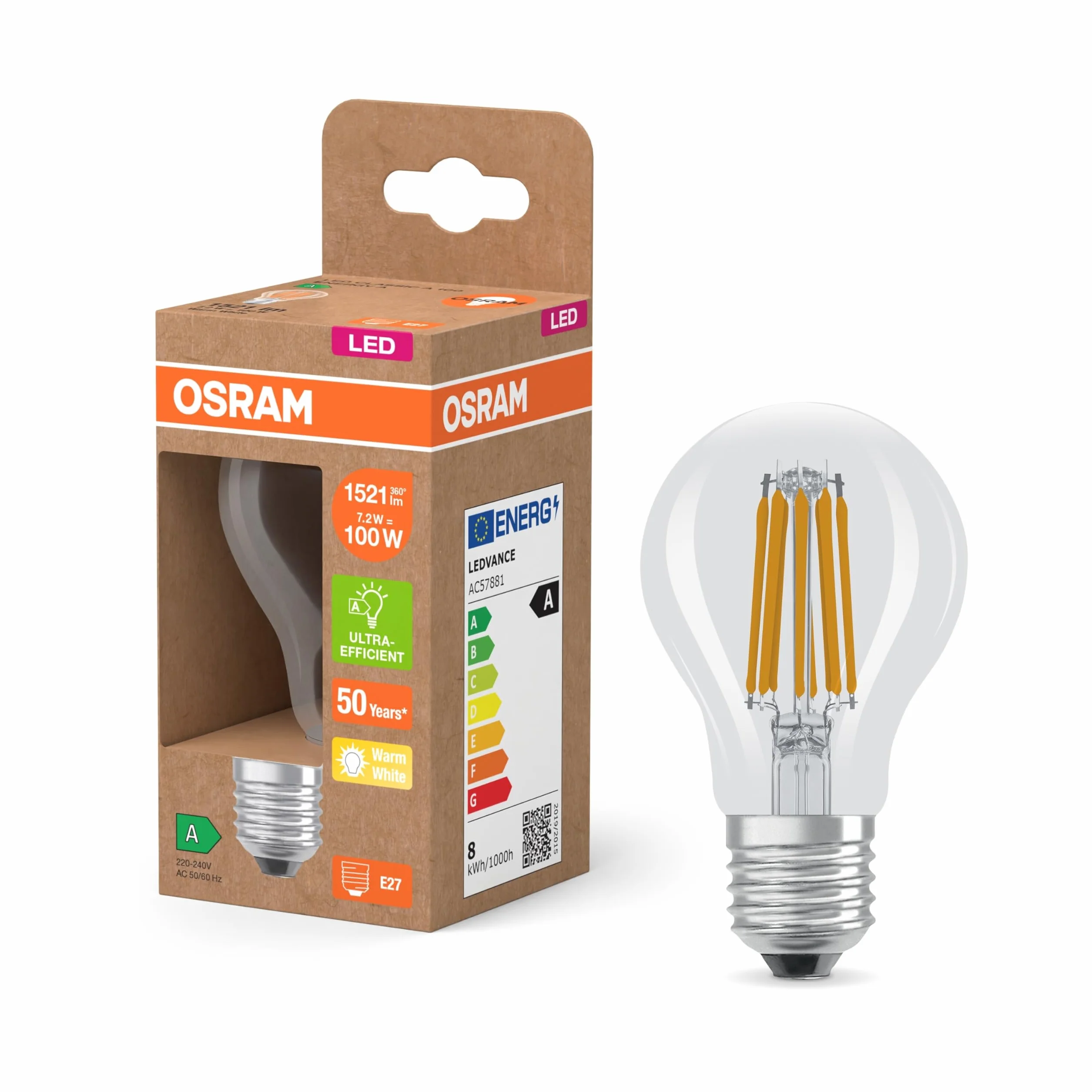 OSRAM LED Superstar Klasyczna lampa LED A 100 w klasycznym kształcie żarówki, korpus z przezroczystego szkła, 7,2 W, 1521 lm, oprawka E27, 2700 K zapewniająca ciepłe białe światło, EEK A, średnica 60
