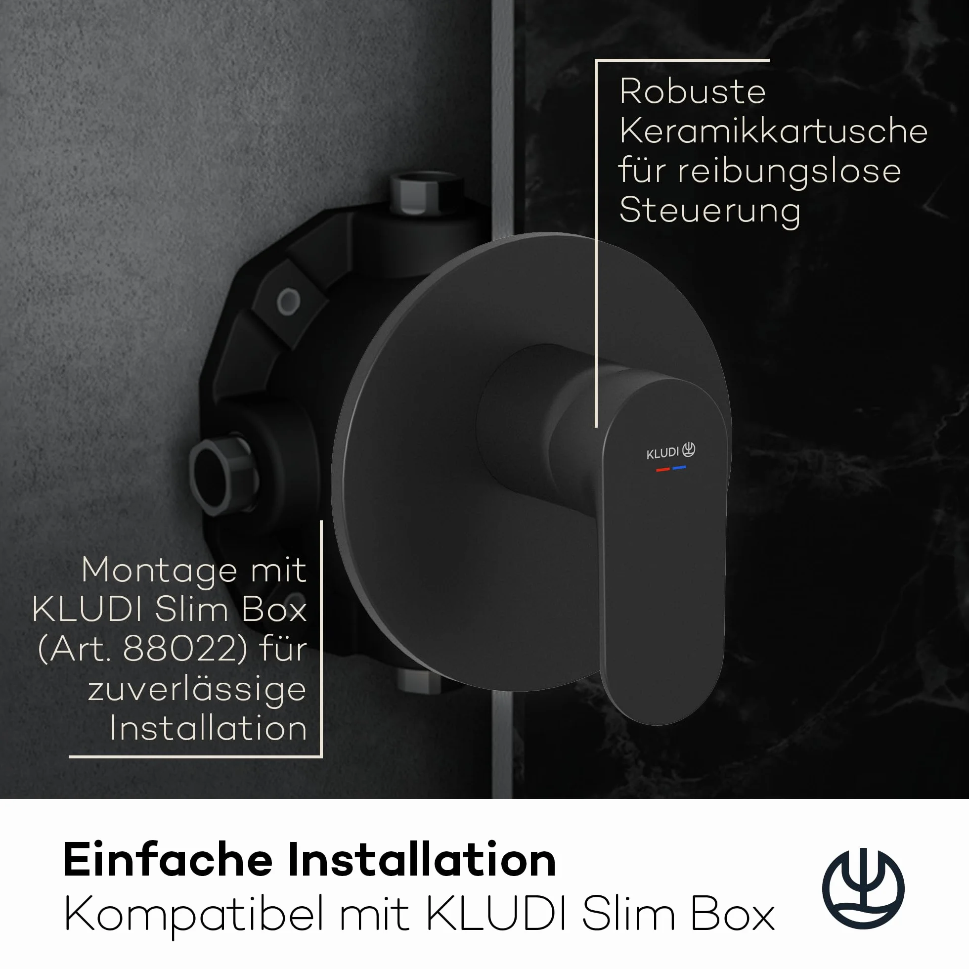 KLUDI -X1 podtynkowa armatura prysznicowa z ogranicznikiem ciepłej wody, bateria prysznicowa z wysokiej jakości ceramicznym wkładem do łazienki, czarna matowa, wymagane akcesoria KLUDI Slimbox (art.