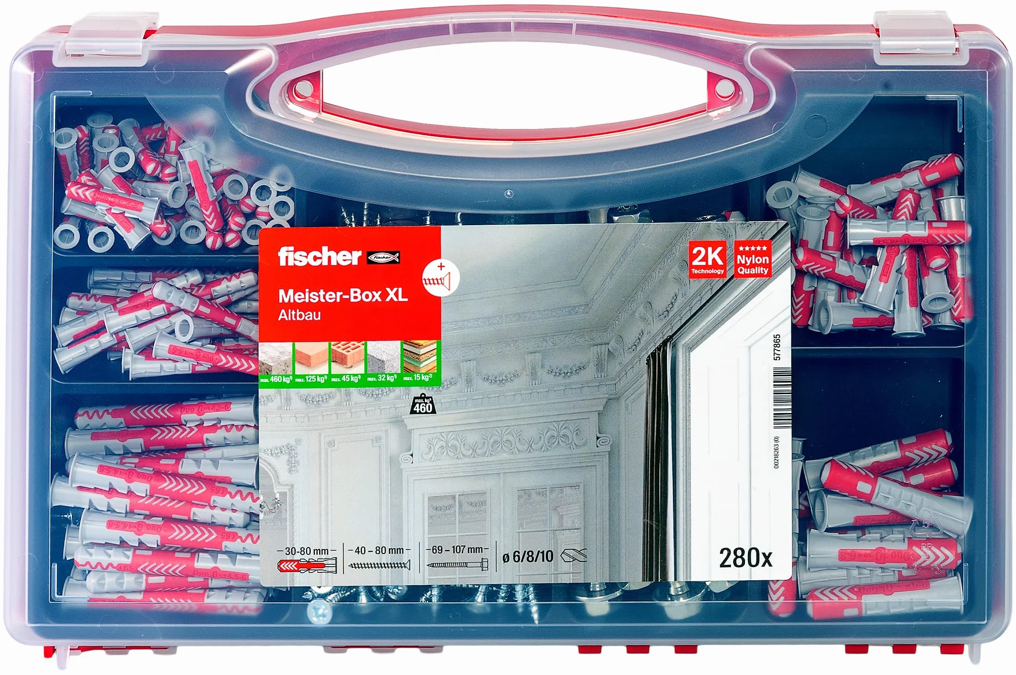 fischer Meister-Box XL stary budynek, 280-częściowy zestaw śrub do kołków, średnica 6-10 mm, długość 30-80 mm, dla majsterkowiczów i profesjonalistów, uniwersalne kołki rozporowe DuoPower, optymalne