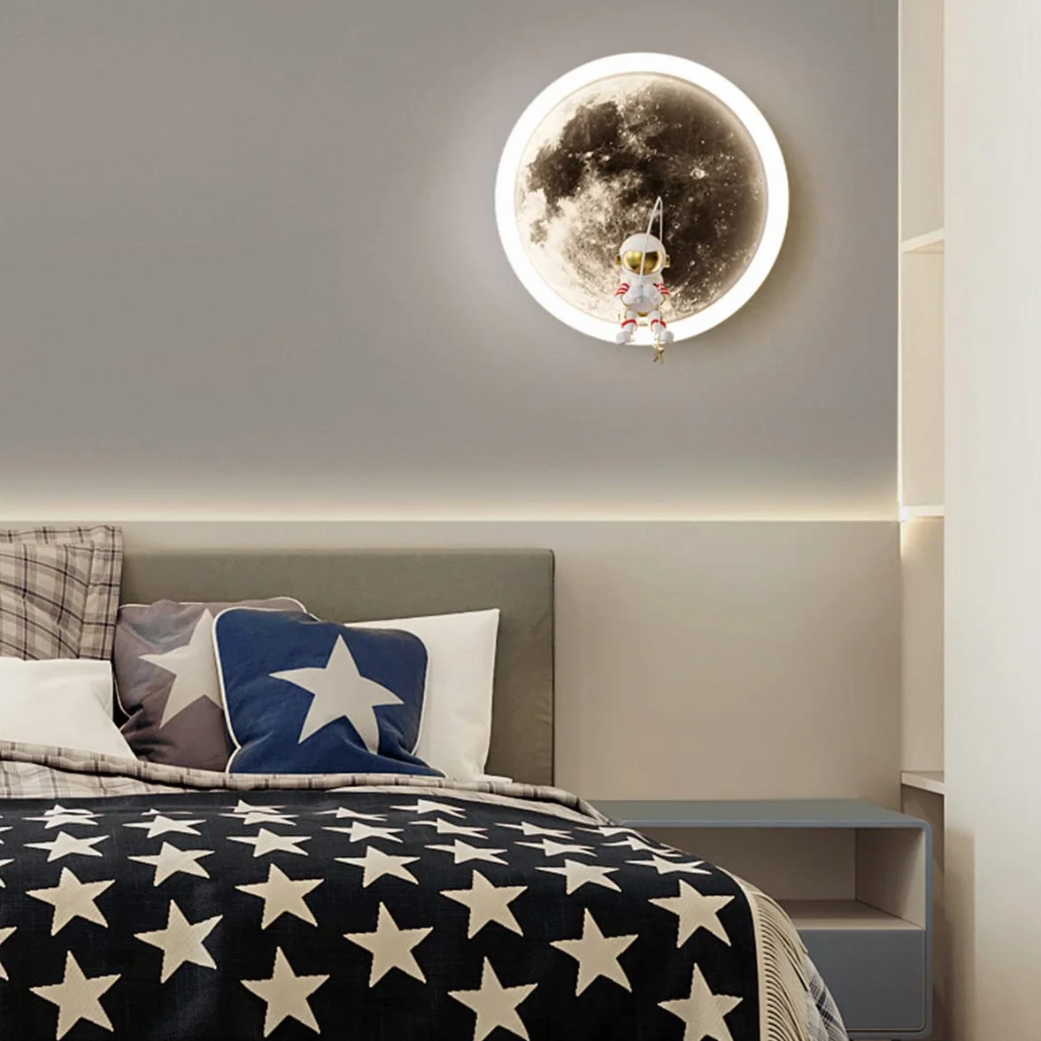 Lampa ścienna LED do pokoju dziecięcego księżyc, kinkiet astronauta dekoracja sypialni chłopca/dziewczyny, ściemniana za pomocą pilota, 20 CM, 3000 K-6000 K, 12 W, okrągła lampka nocna dla dzieci,White