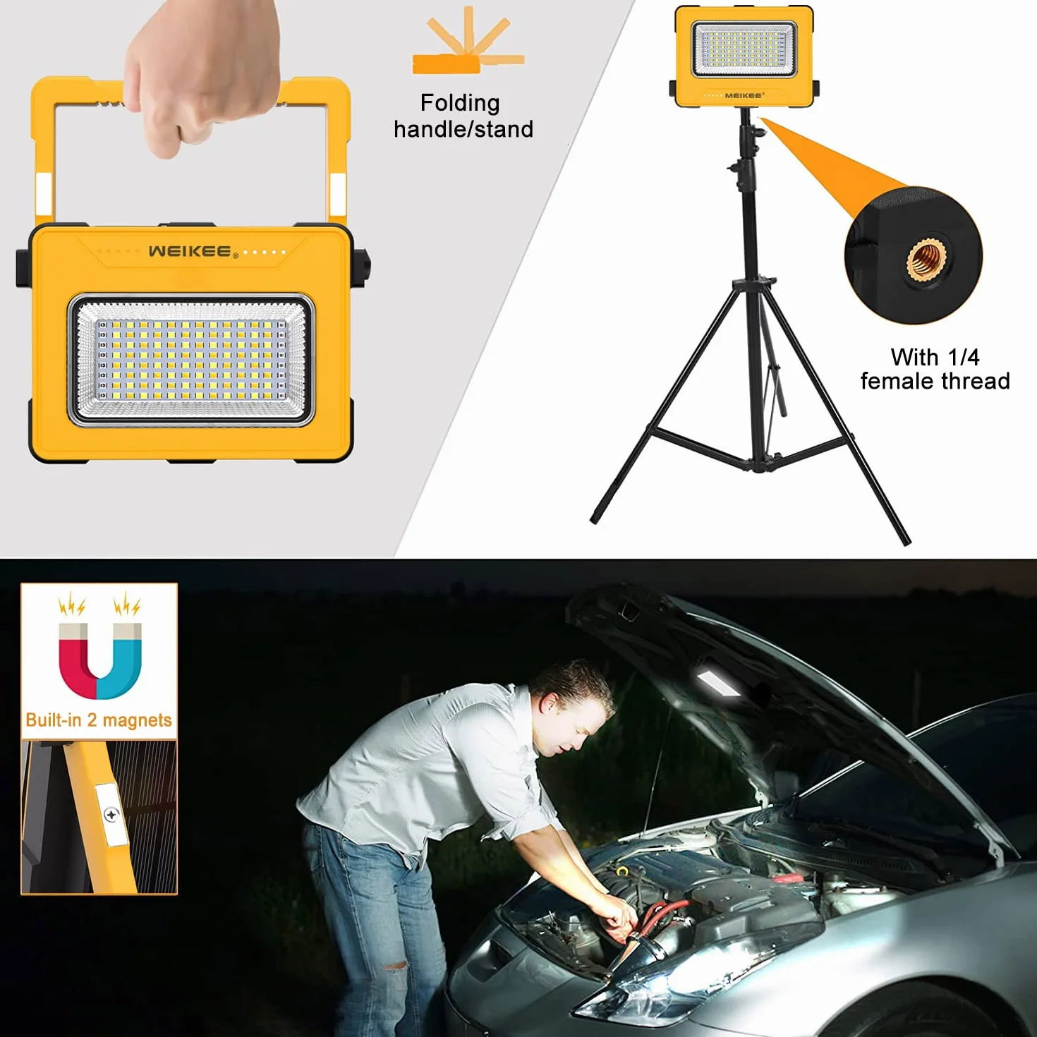 Lampa LED do ładowania, MEIKEE reflektor LED 60 W, super jasny, przenośny, 12000 mAh, ładowany przez USB i energię słoneczną, 16 trybów magnetycznego światła roboczego, latarnia na kemping, na plac