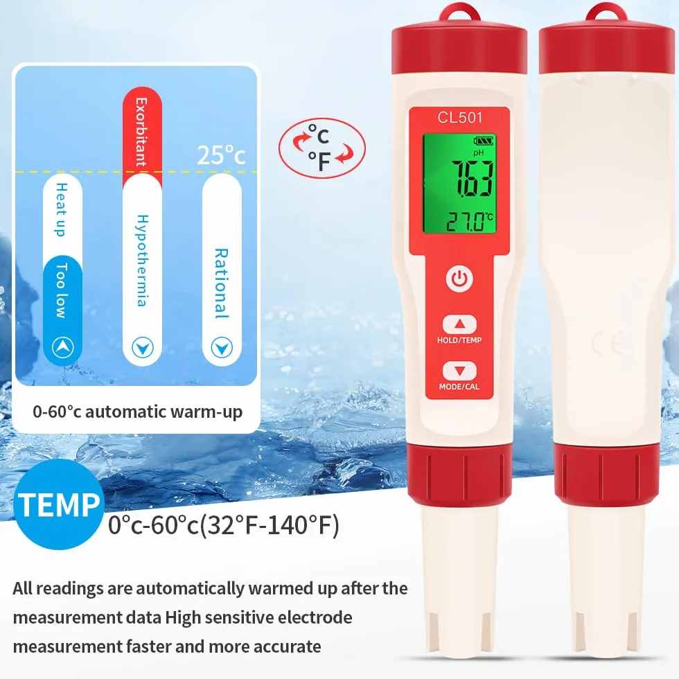 OBEST Miernik chloru i pH basen 5 w 1, phmetr ORP H2 Temperatura, tester pH z wyświetlaczem LCD