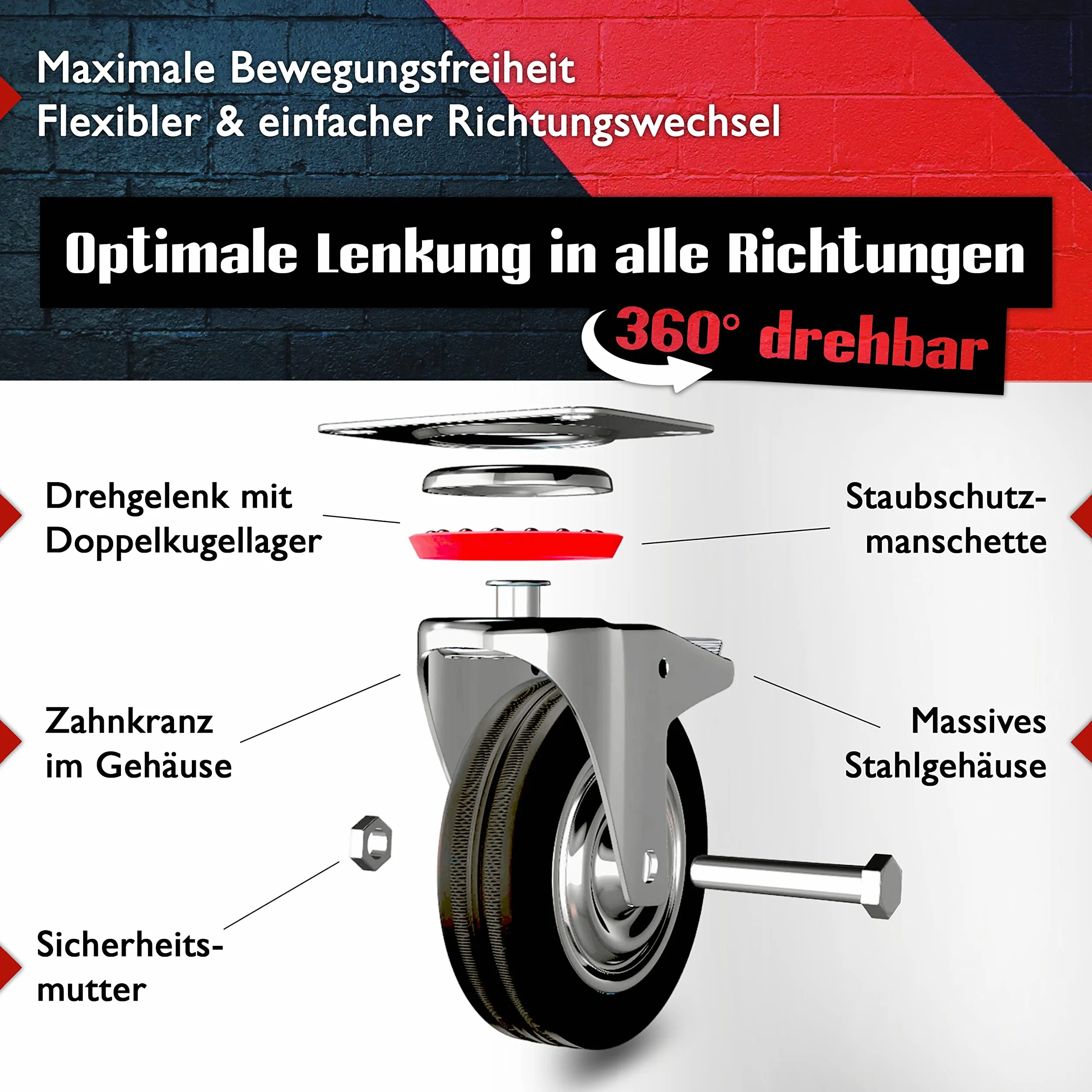 PRIOstahl TR-Set-7 4-częściowe rolki transportowe, 2 x hamulce, 2 x kółka obrotowe, 100 mm, czarne