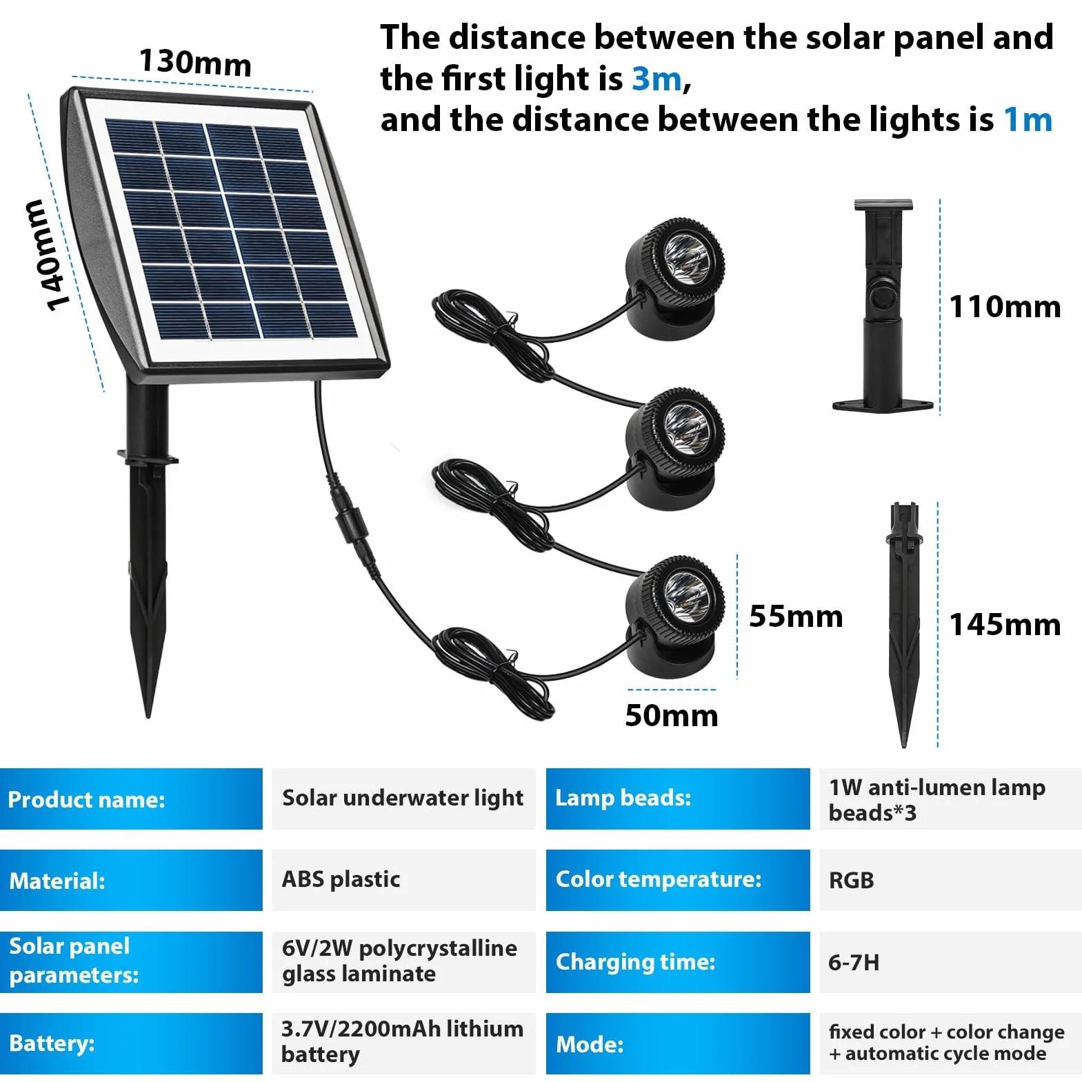 BuyWeek Lampy solarne do stawu, zanurzeniowe lampy LED do stawu, IP68, wodoodporna lampa podwodna RGB z 3 lampami, solarny projektor krajobrazowy do akwarium, ogrodu, basenu, fontanny