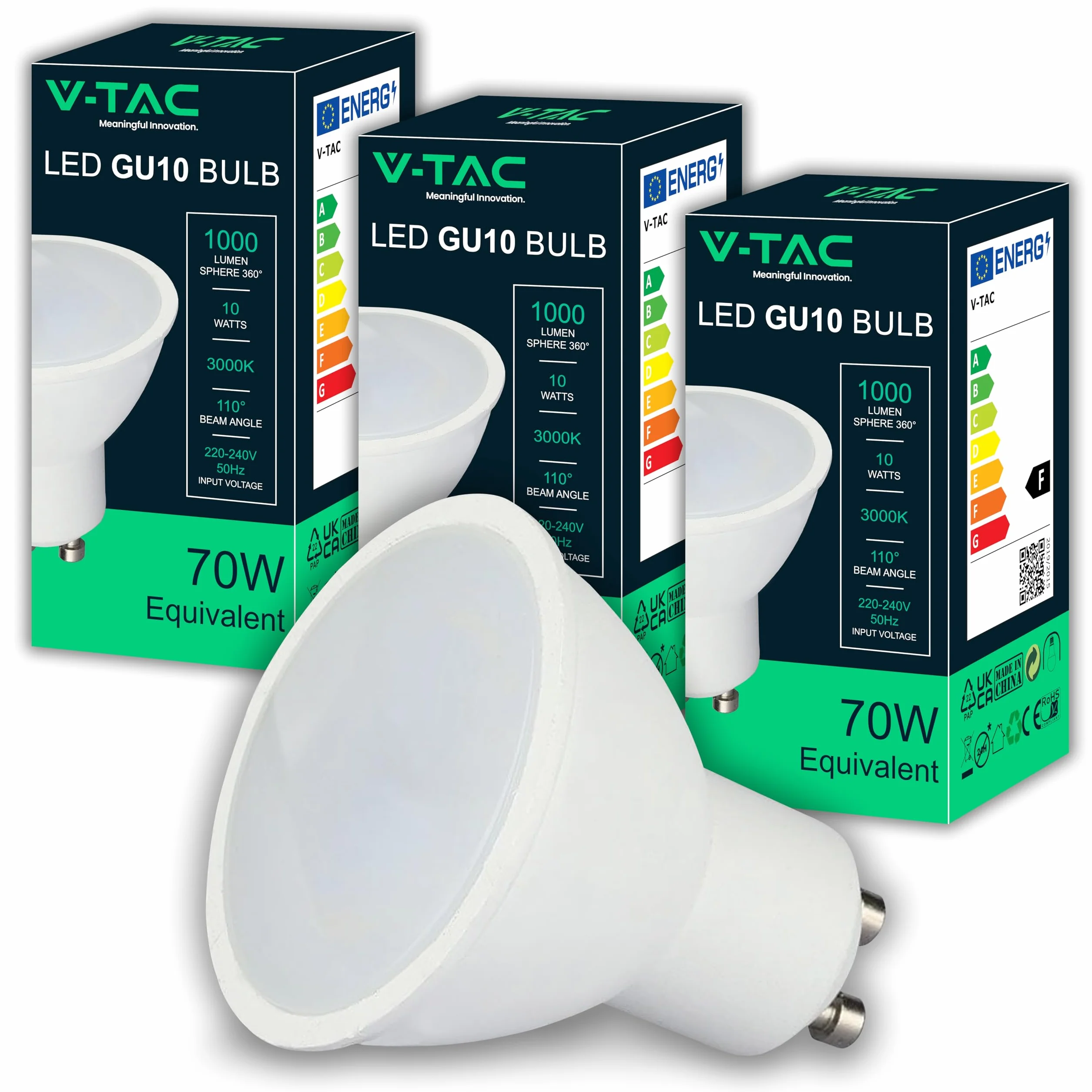 V-TAC 3 żarówki LED GU10-10W o wysokiej jasności (odpowiednik 70W) - 1000 lumenów - GU10 reflektor LED zapewniający maksymalną wydajność i oszczędność energii - ciepła biel 3000 K