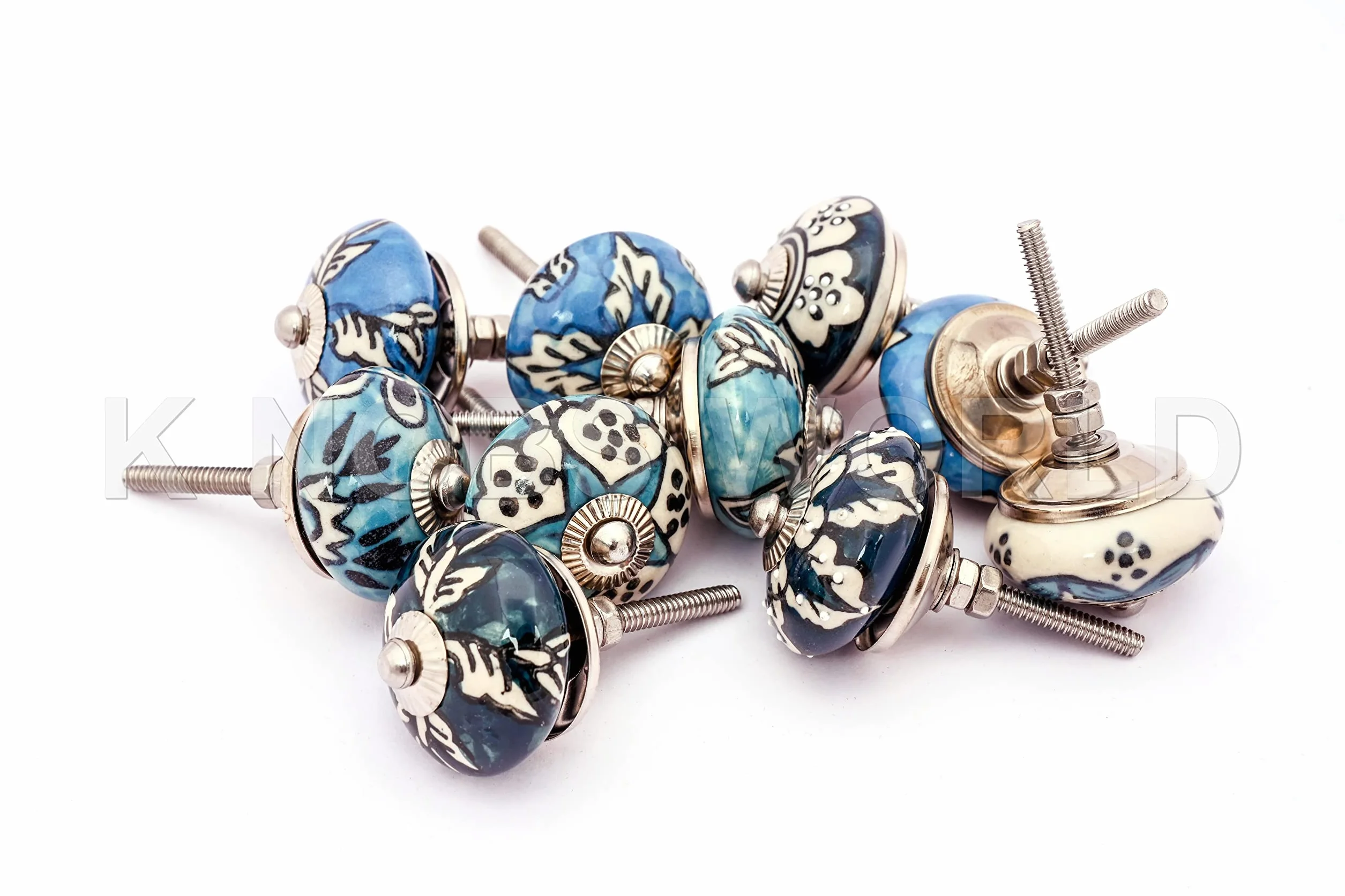 10 różnych wielokolorowych ozdobnych niebieskich zielonych ceramicznych gałek do szuflad drzwi szafki wyciąga indyjskie gałki mieszane.