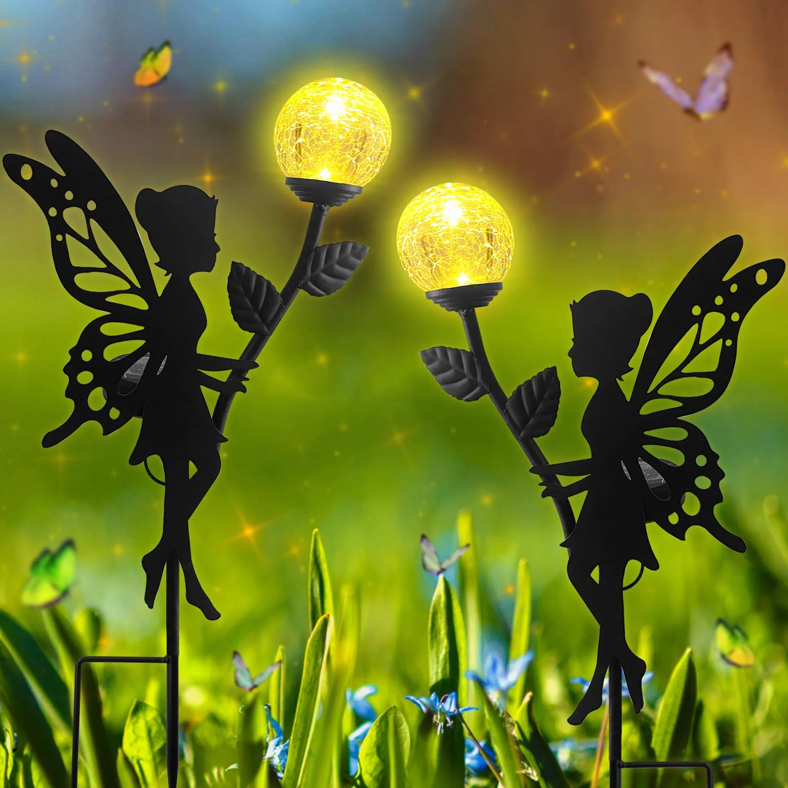 Zestaw 2 zewnętrznych lamp solarnych do ogrodu, do użytku na zewnątrz, wodoszczelne lampy ogrodowe, wróżka LED, szklana kula dekoracyjna trawnik