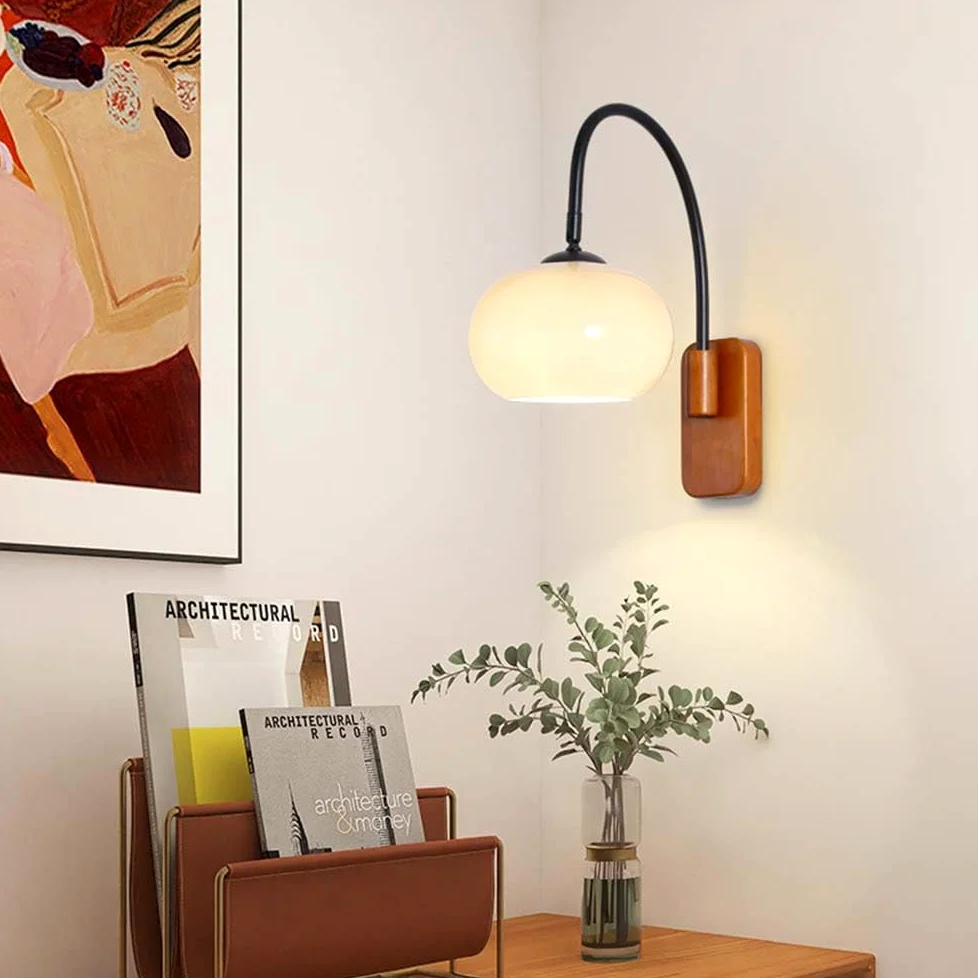 Drewniana lampa ścienna, regulowana, wewnętrzna, retro, ścienna lampa E27, obrotowa, vintage, industrialna lampka nocna z okrągłym szklanym kloszem, lampa ścienna do czytania, do sypialni, salonu, ho