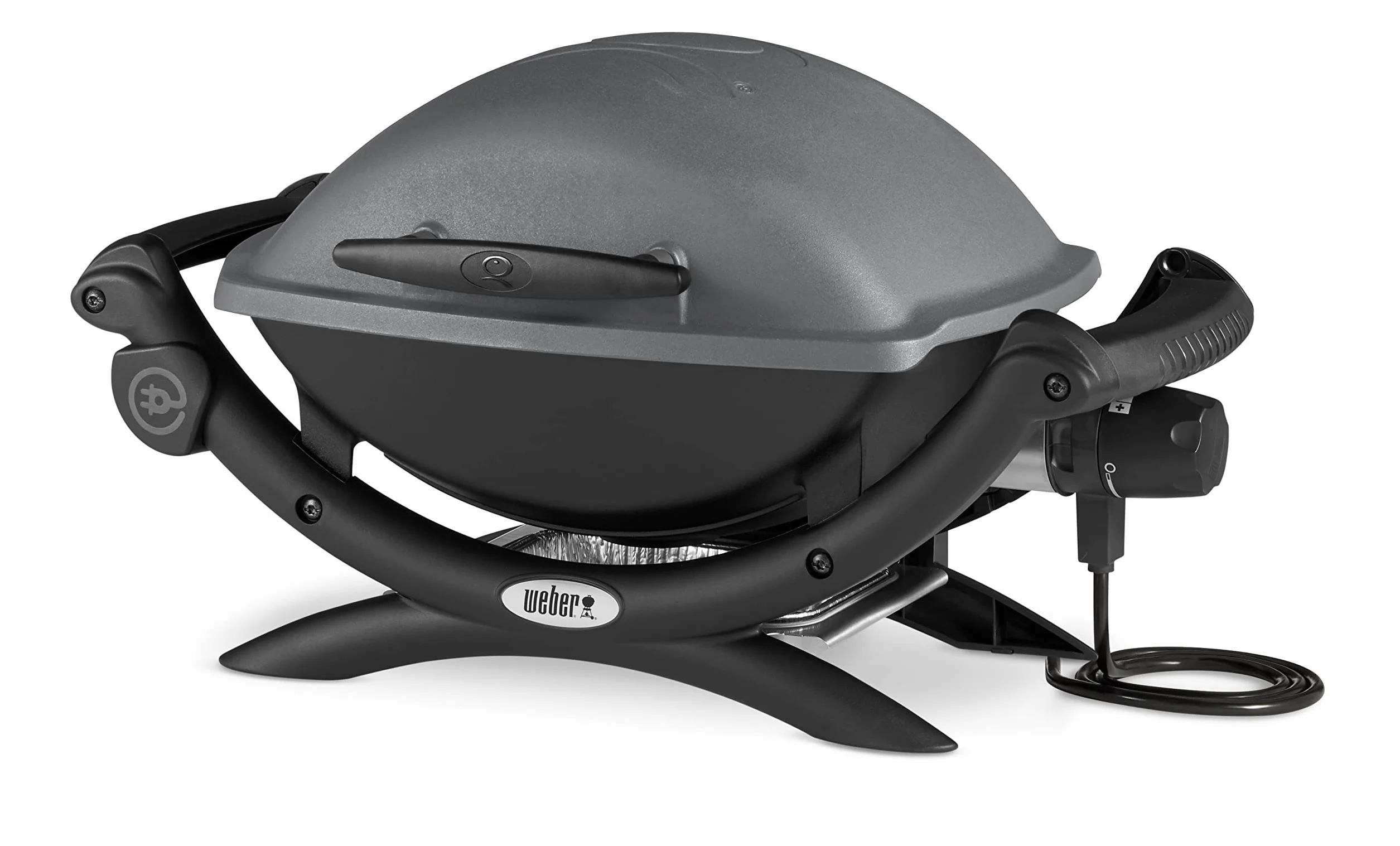 Weber Q1400 Elektryczny Grill, powierzchnia grillowania 43 x 32 cm, przenośny BBQ Grill,2-częściowy żeliwny ruszt pokryty emalią porcelanową, pokrywa i obudowa aluminiowa - Ciemnoszary (52020079)