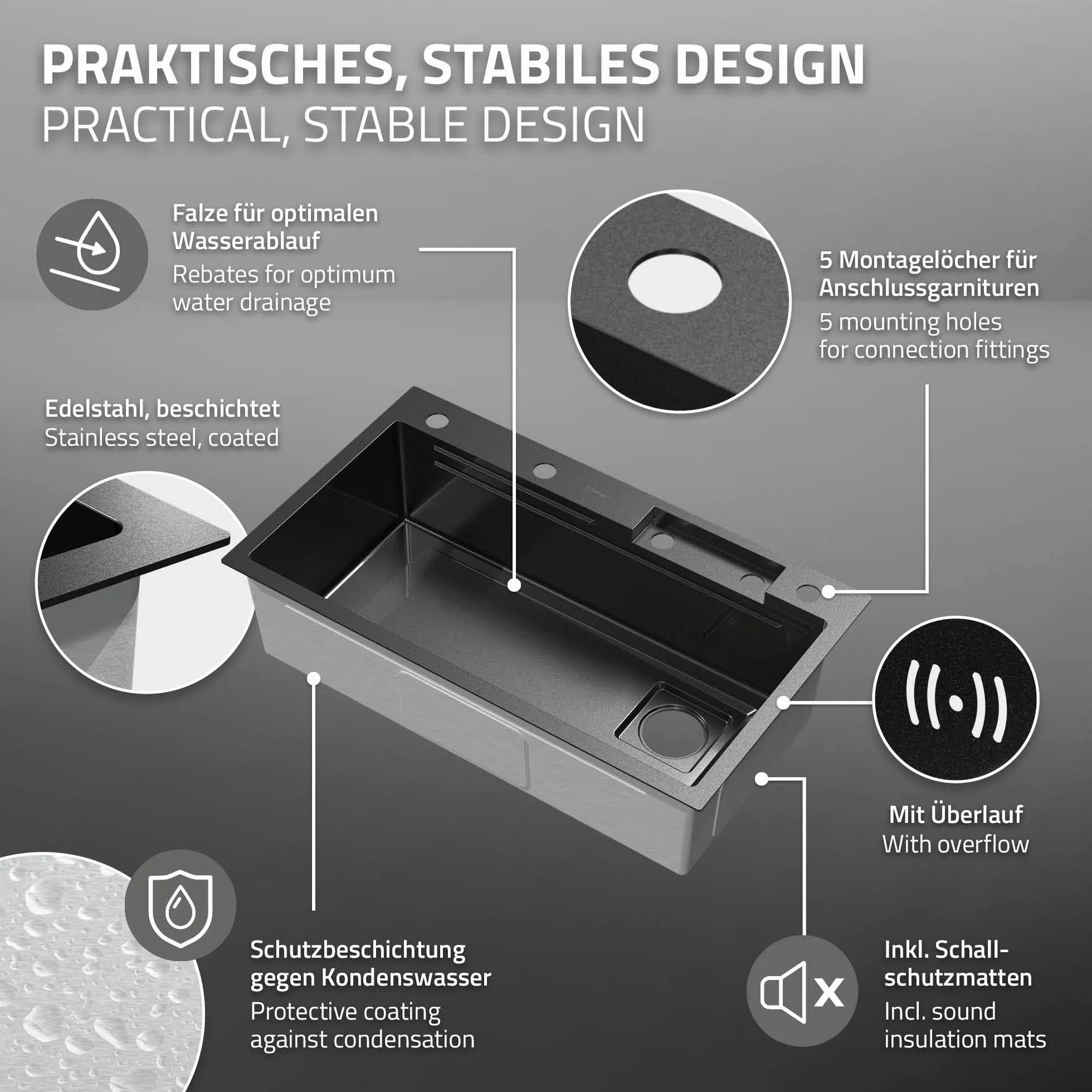 ML-Design Zlewozmywak antracytowy ze stali nierdzewnej 80x46 cm, prostokatny model kuchenny z bateria, podblatowa umywalka z syfonem