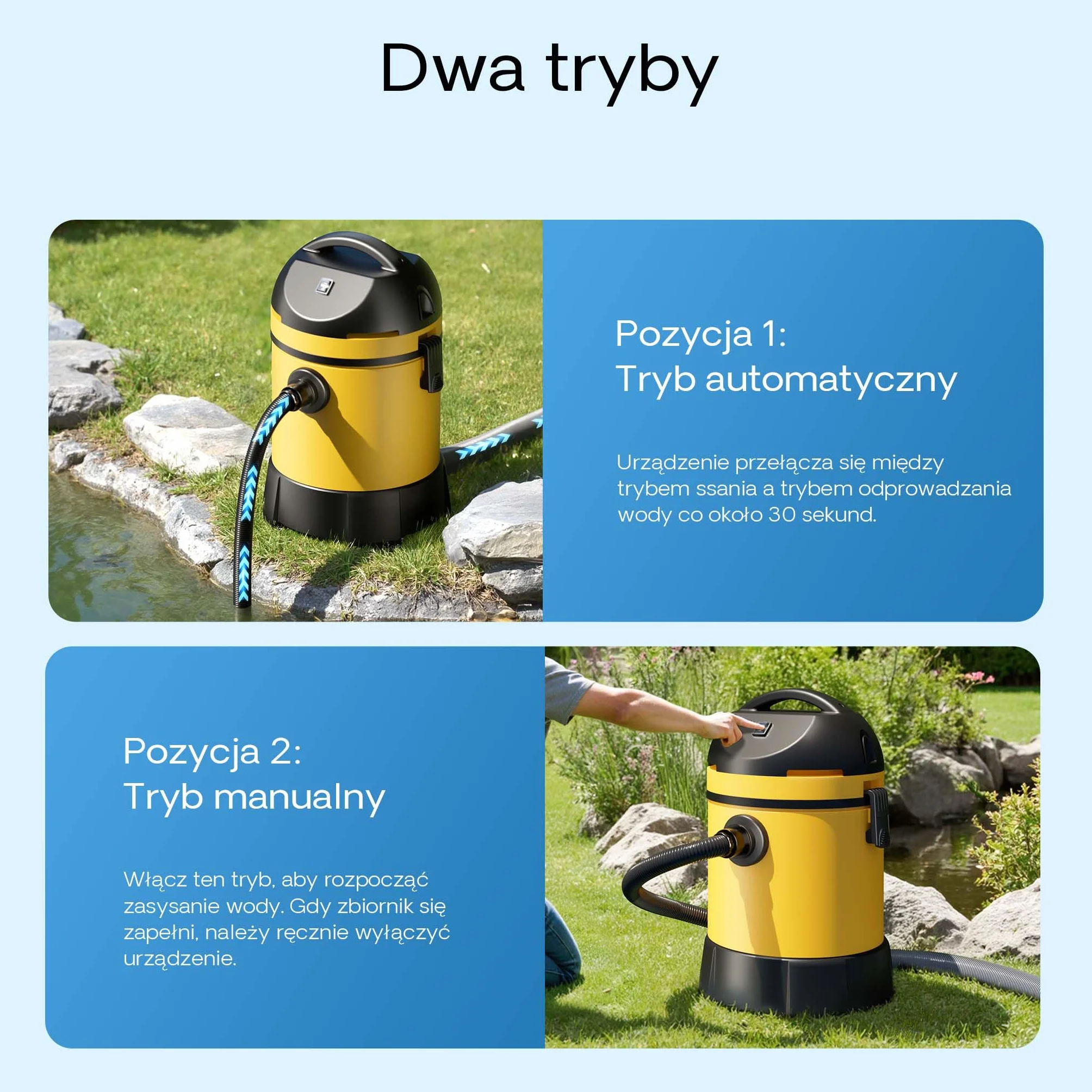 Wiltec Odkurzacz do oczka wodnego 1400 W do szlamu, mułu i basenu, odkurzacz do stawu i basenu z 2 wężami i funkcją automatycznego opróżniania 30 l