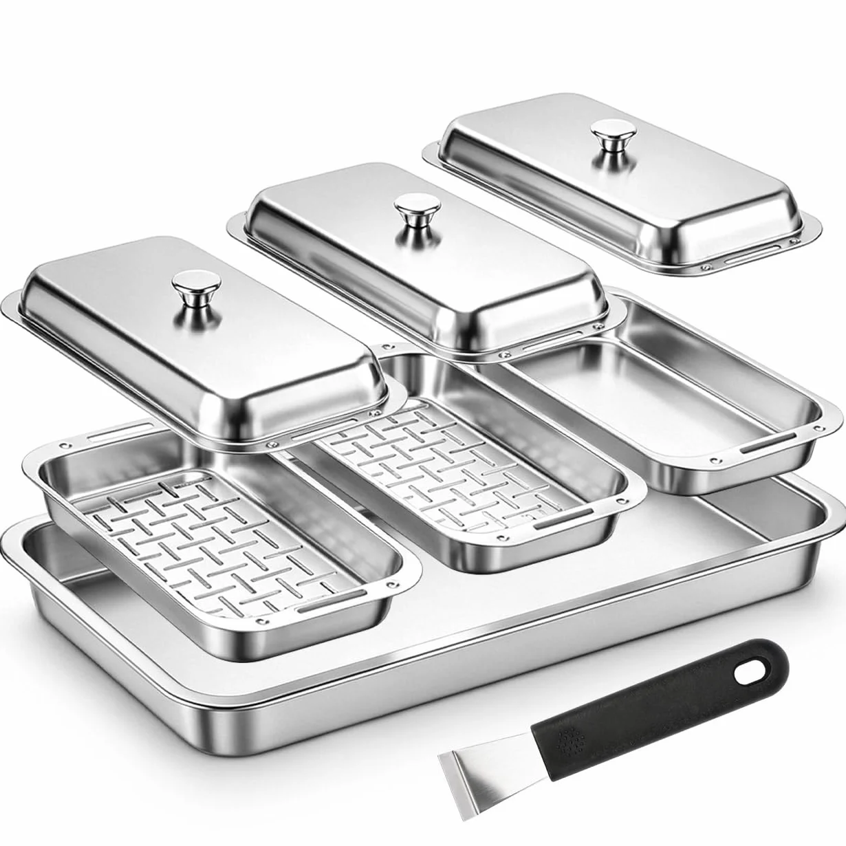 Denmay Zestaw patelni do grillowania, stal nierdzewna, z uchwytem, do grilla gazowego i węglowego – uniwersalne akcesoria do patelni Weber, Enders, Charbroil Grill, 3 kosze do grillowania + 1 tacka do