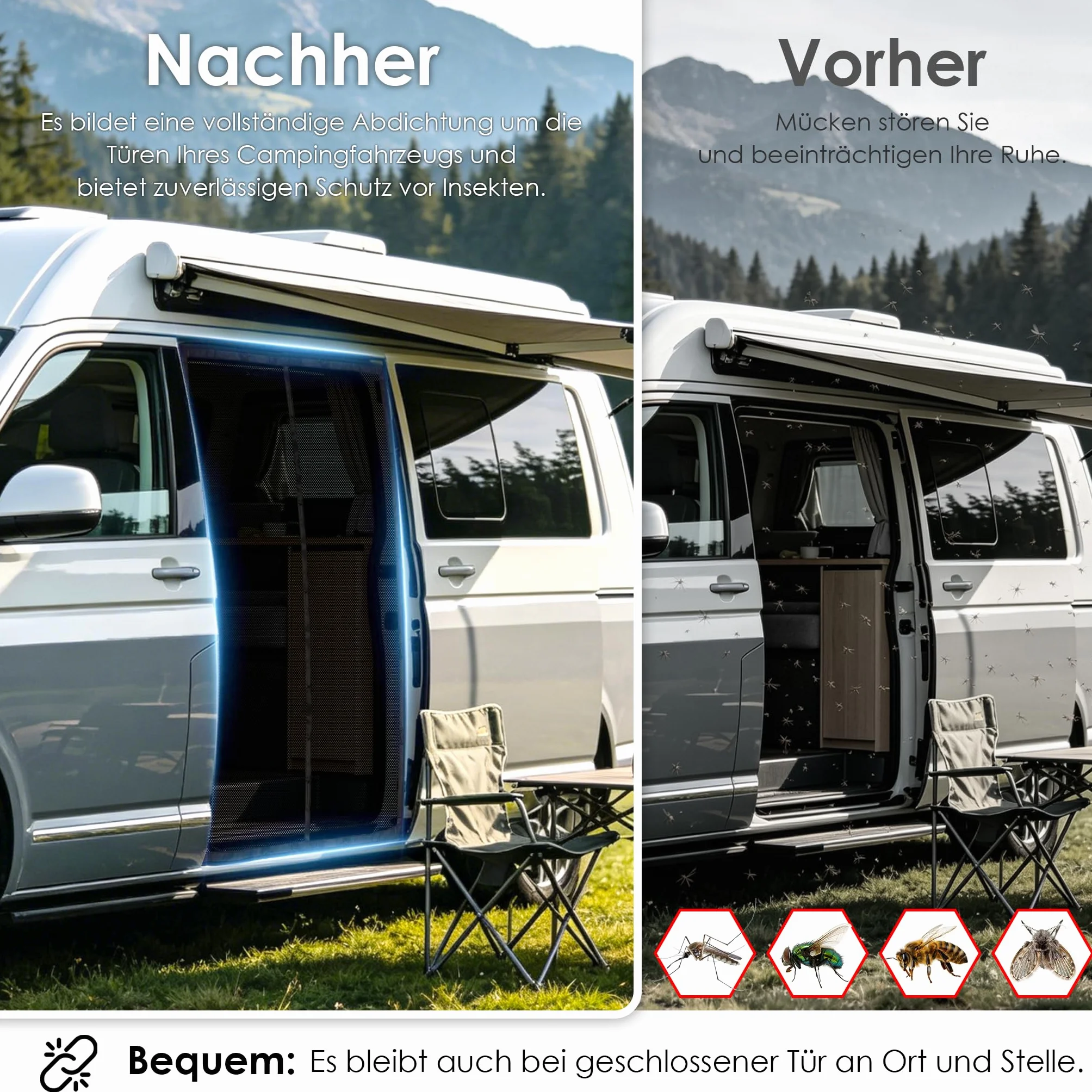 Moskitiera magnetyczna do VW T5 T6 drzwi bocznych, automatyczne zamknięcie na magnes środkowy, 122 g/m² poliester o wysokiej gęstości, siatka 1 mm, ochrona przed owadami na kemping, do aktywności na