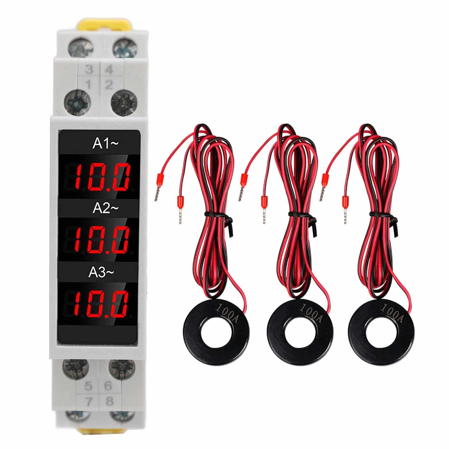 3 Fazowy Amperomierz,Cyfrowy Miernik Prądu 100A3 Fazowy Amperomierz DIN Rail 1-100A Miernik Prądu z Wyświetlaczem Trendu dla zastosowań Przemysłowych Montaż na Szynie 35mm