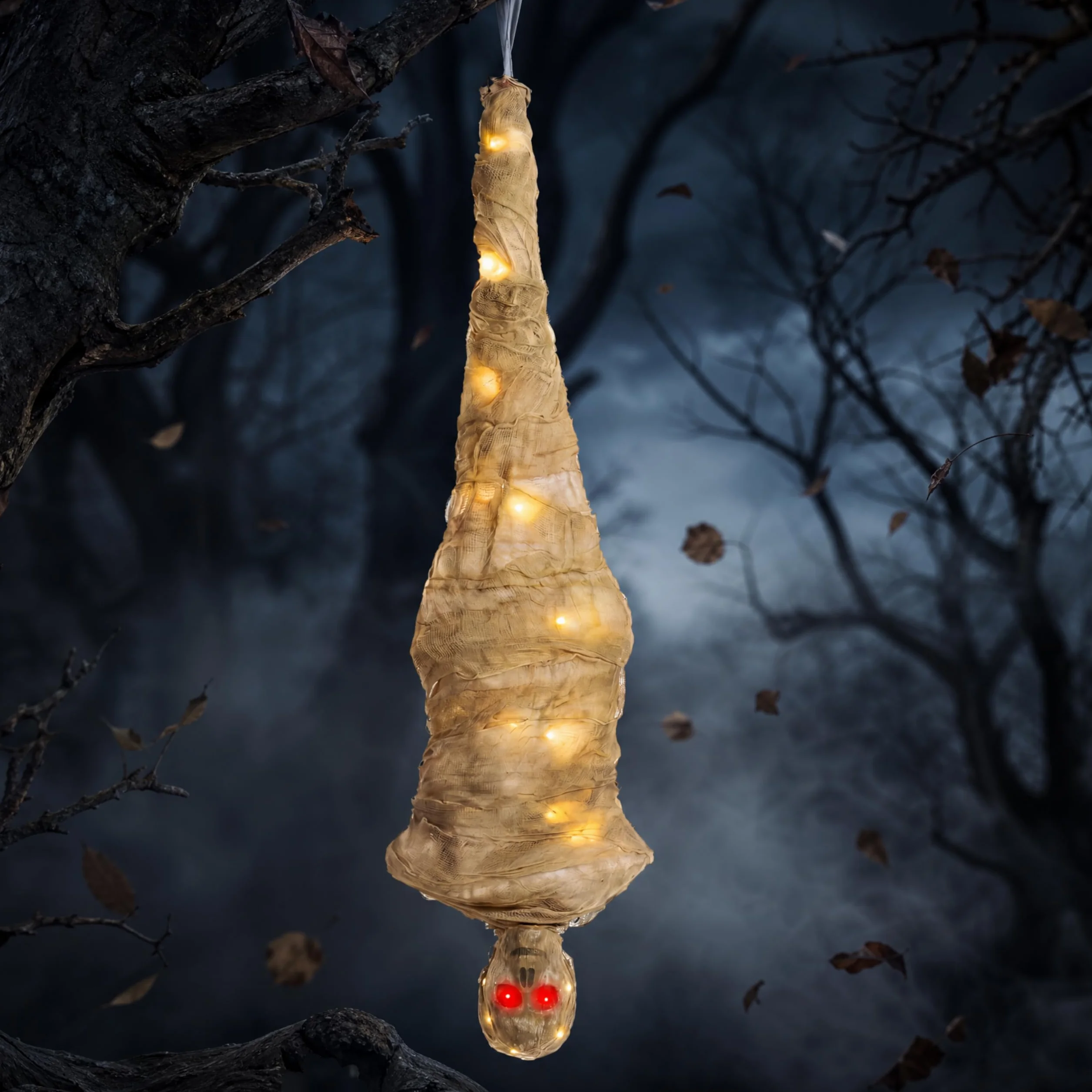 JOYIN Dekoracja na Halloween, kokon, zwłoki, animowane wiszące zwłoki, rekwizyty z oświetleniem całego ciała, oczami LED, upiorne dźwięki, na Halloween, na zewnątrz, trawnik, podwórko, patio,