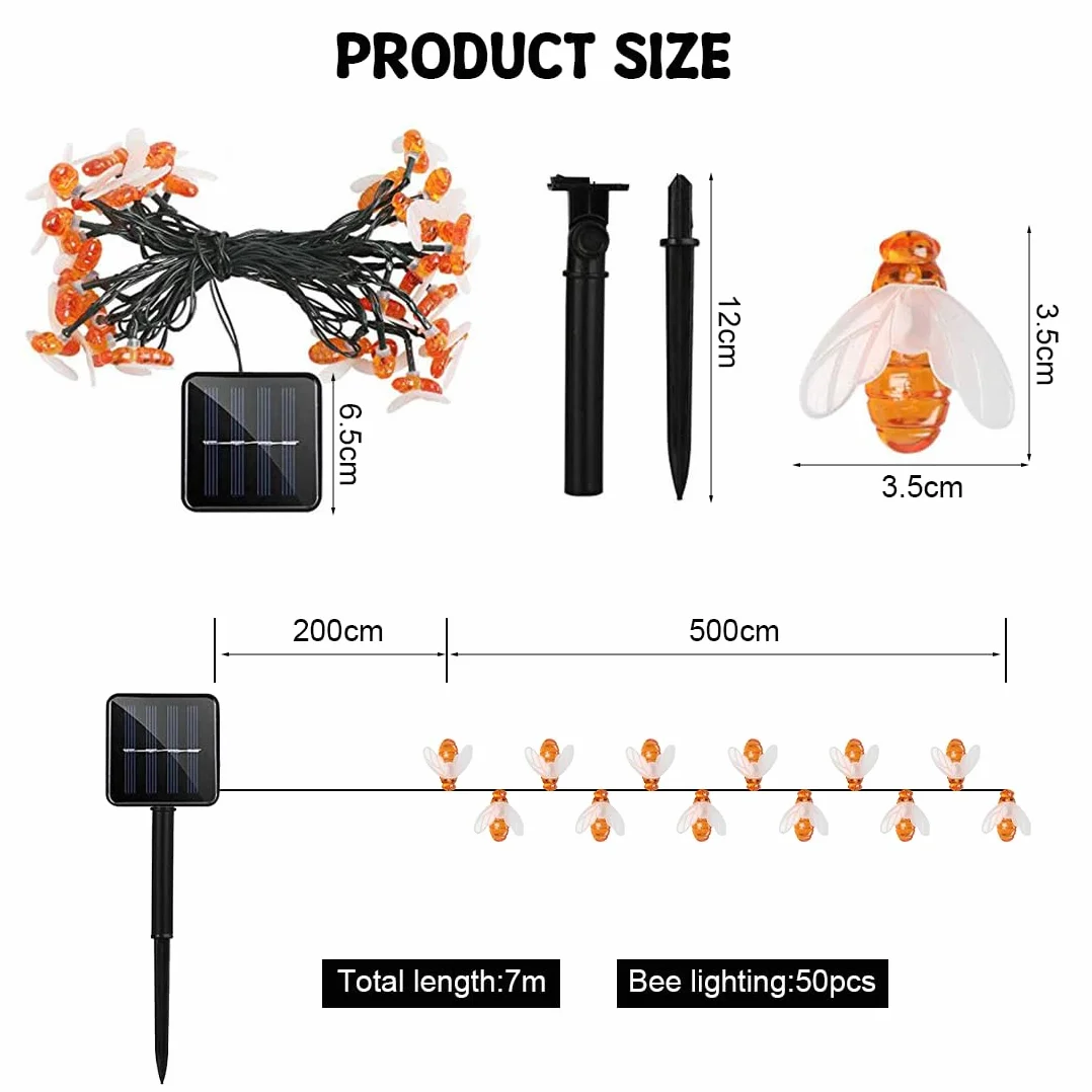Wishstar 7 m, 50 diod LED solarny łańcuch świetlny na zewnątrz, latarnie w kształcie pszczół na zewnątrz, 8 trybów pracy, wodoodporne latarnie w kształcie pszczół na lato, do ogrodu, na drzewa, taras