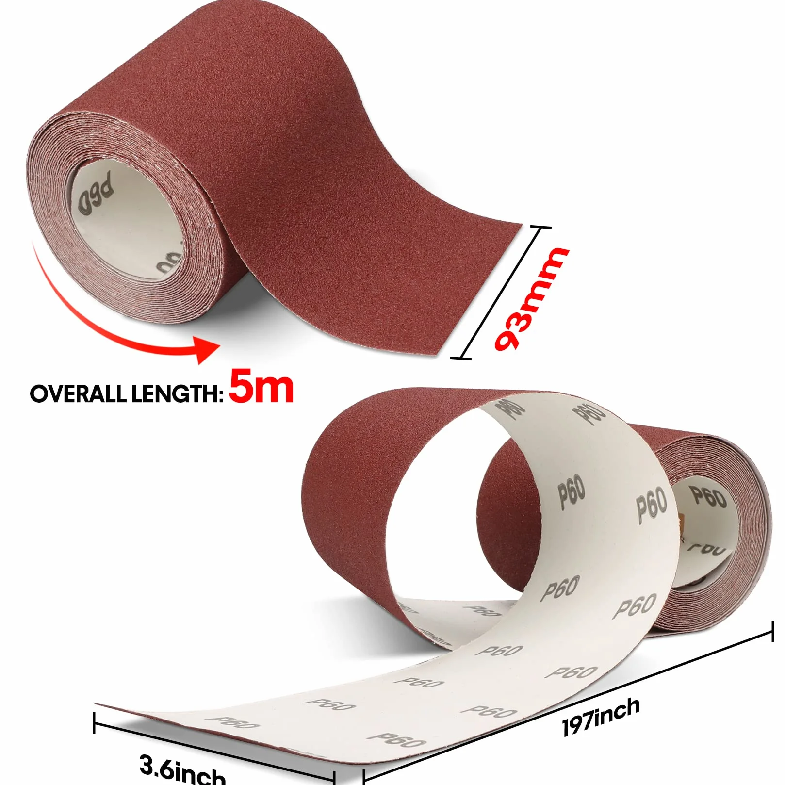 SHALL Zestaw rolek papieru ściernego, 5 rolek, 9,3 cm x 5 m, ziarnistość 60/80/120/180/240, papier ścierny z tlenku glinu do szlifowania, polerowania i usuwania rdzy