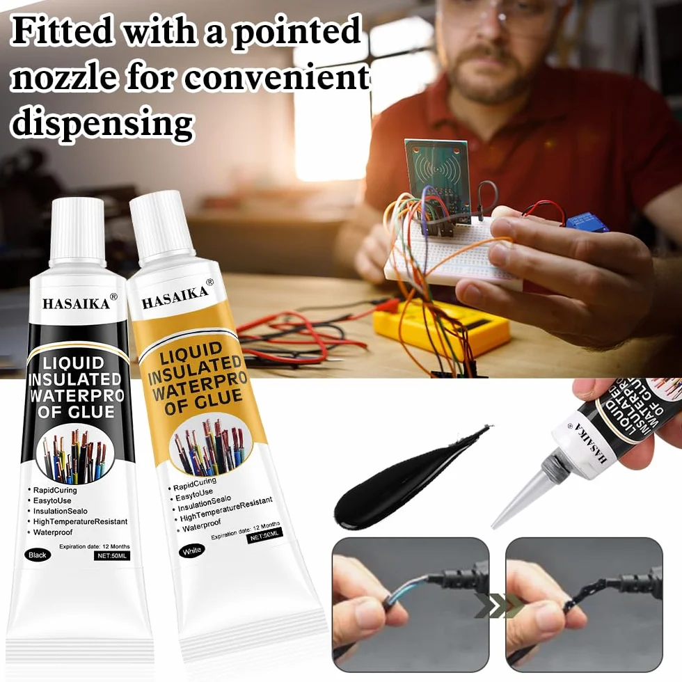 Liquid Electrical Tape, Wodoodporna i szybkoschnąca taśma izolacyjna, odpowiednia do wszystkich rodzajów kabli i urządzeń elektrycznych (50 ml czarna + 50 ml biała)