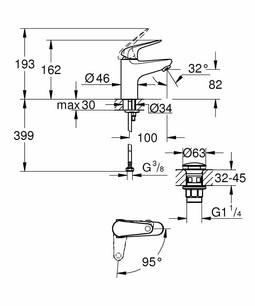 GROHE Swift, energooszczędna bateria umywalkowa, zimna woda w pozycji środkowej (kran do umywalki, wysokość 18 cm, z odpływem pop-up, z narzędziem 3 w 1, łatwa instalacja), chrom, 24329001