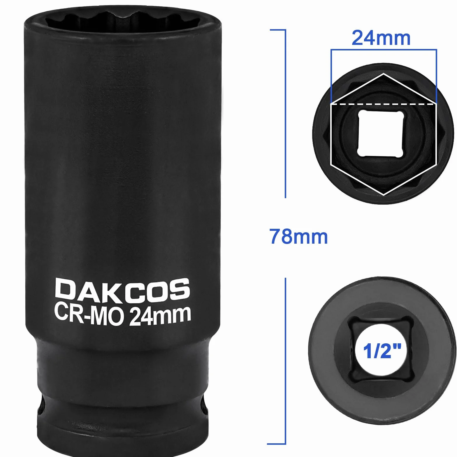 DAKCOS 24 mm dwunastokątna nasadka udarowa 1/2" do kluczy nasadowych, długa do łatwego demontażu nakrętek osi, Cr‑Mo