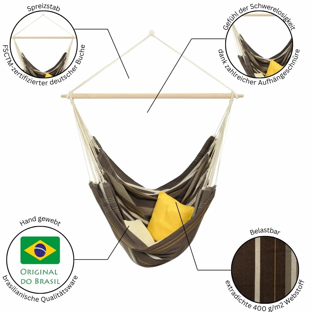 Amazonas - XXL fotel wiszący Brasil Gigante | fotel wiszący bez stelaża z dużą powierzchnią do siedzenia, wykonany ręcznie w Brazylii | obciążenie do 200 kg; powierzchnia siedziska 2 m x 1,4 m;
