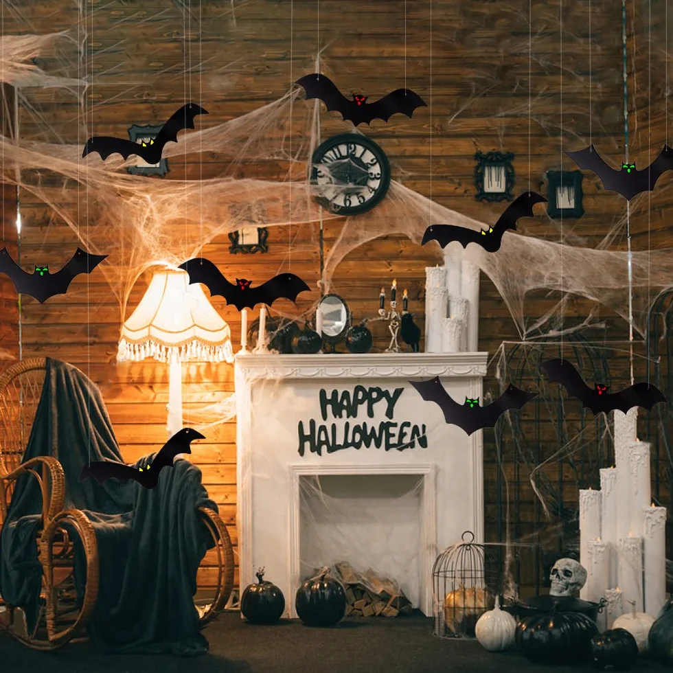 DTYDECLE 12 szt. wiszących nietoperzy na Halloween, latający nietoperz, wiszące dekoracje ze świecącymi oczami na Halloween, dekoracja na zewnątrz, podwórko, artykuły dekoracyjne