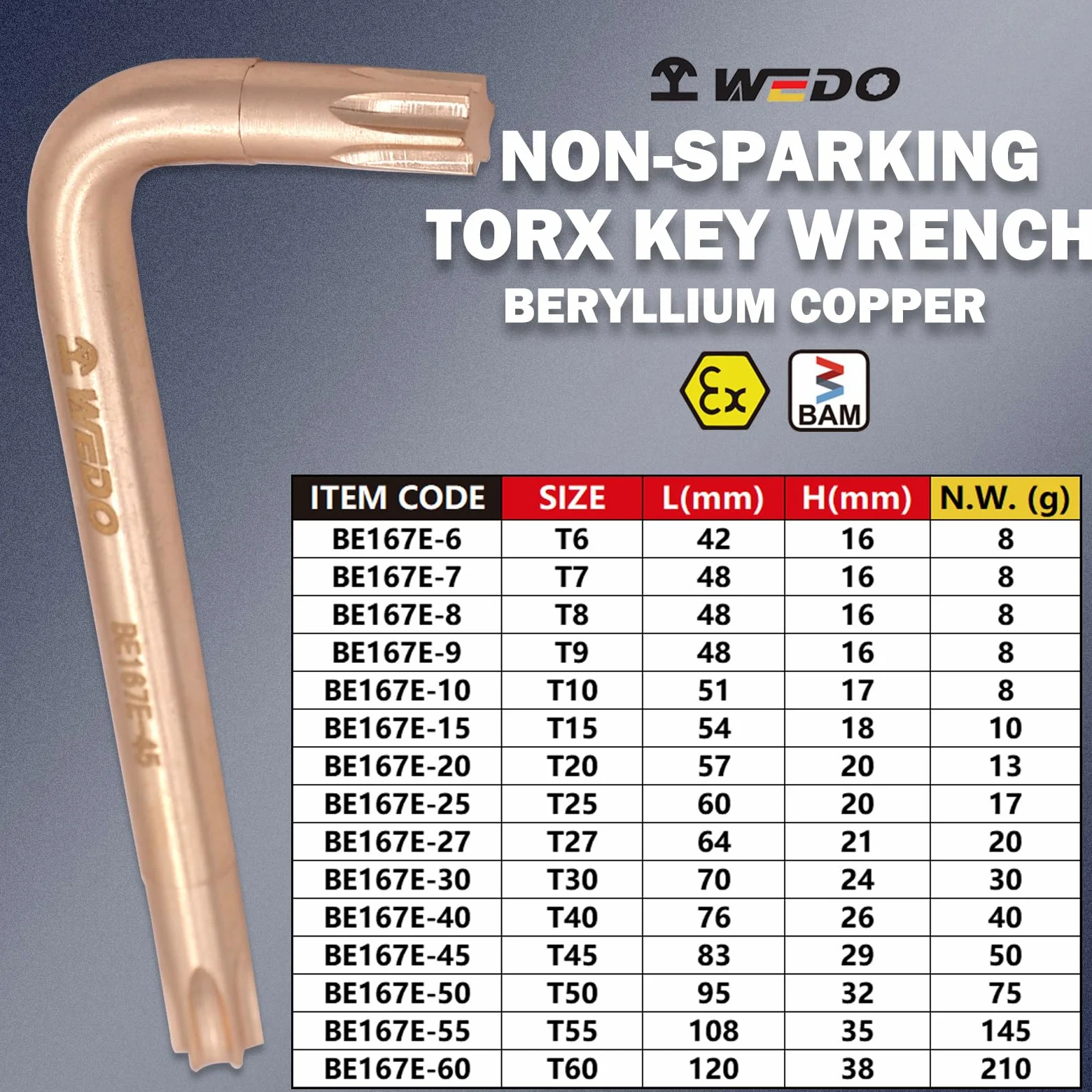 WEDO Nieparkingowy klucz Torx, klucz bezpieczeństwa bez iskier, miedź berylowa, standard DIN, certyfikat BAM i FM, szerokość T55