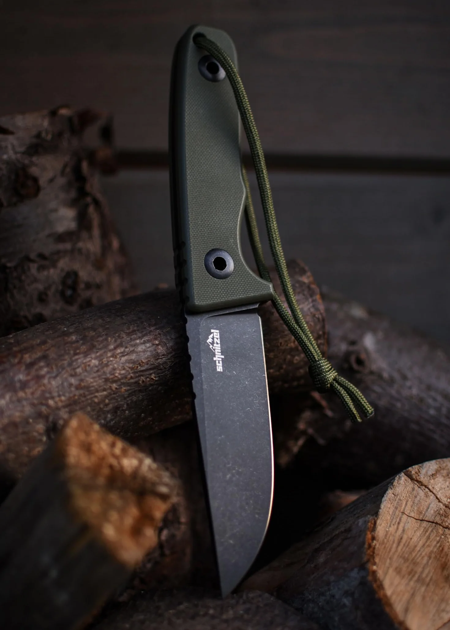 SCHNITZEL TRI nóż outdoorowy z pochwą Kydex i systemem nośnym Dangler – nóż Bushcraft, nóż outdoorowy, nóż rekreacyjny dla dorosłych (zielony)